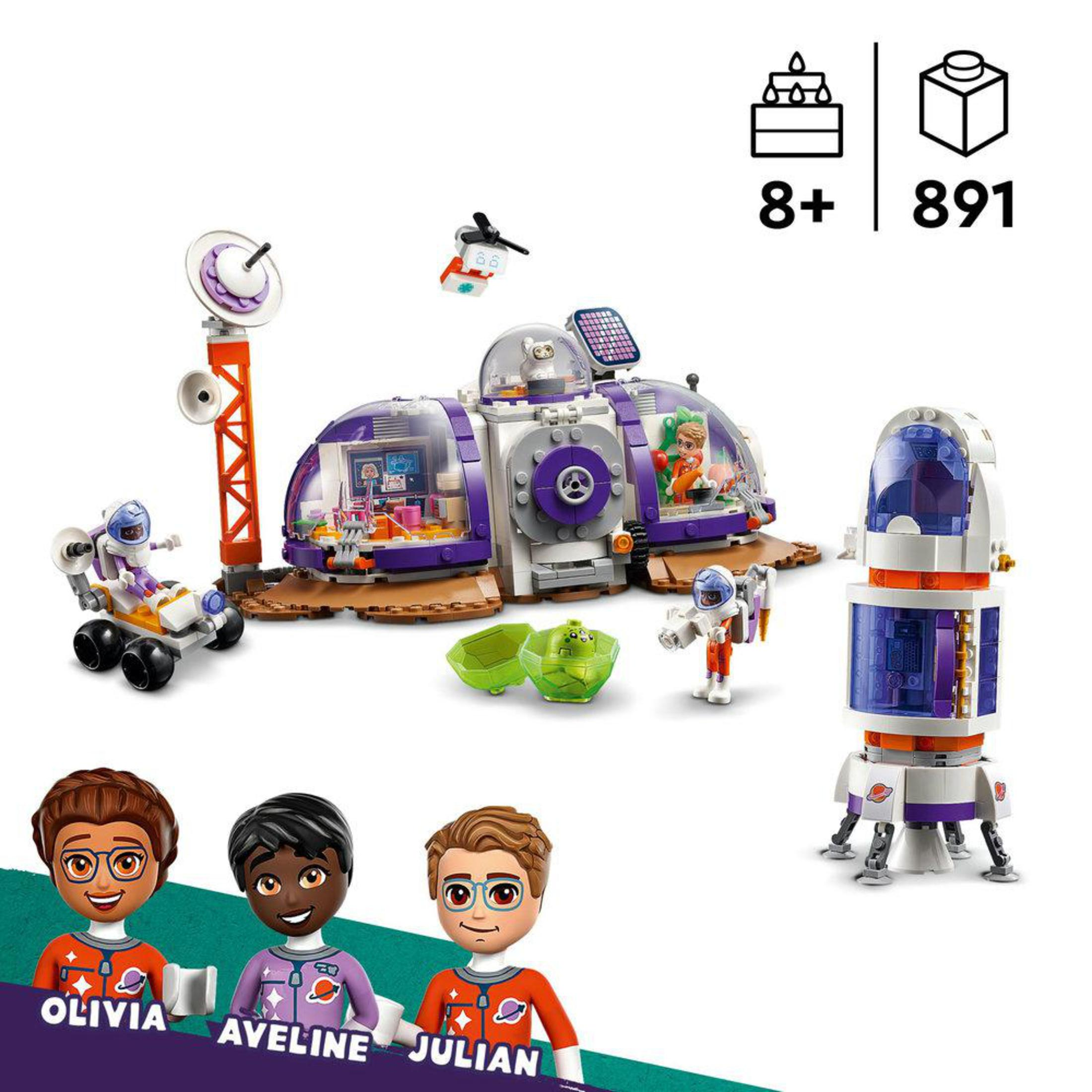Lego Friends ruimtestation met figuren van Olivia, Aveline en Julian.
