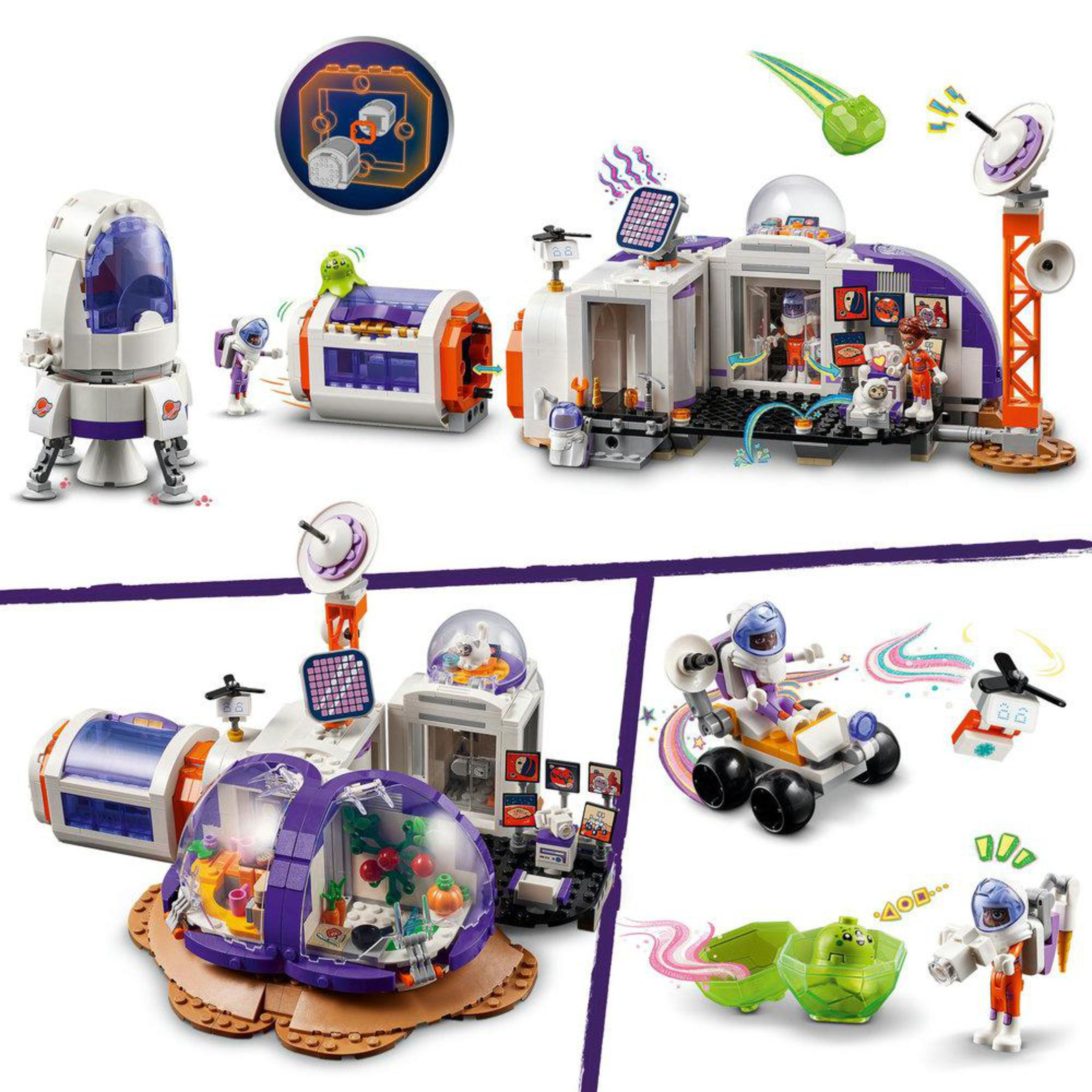 Lego ruimtestationset met astronauten, een ruimtevoertuig en een transparante koepel met planten erin.