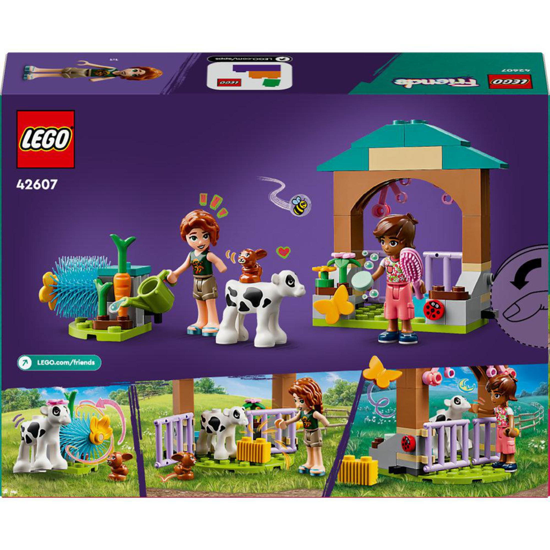 Tył pudełka zestawu Lego Friends. Pokazuje scenę w stodole z figurkami, zwierzętami i instrukcjami.