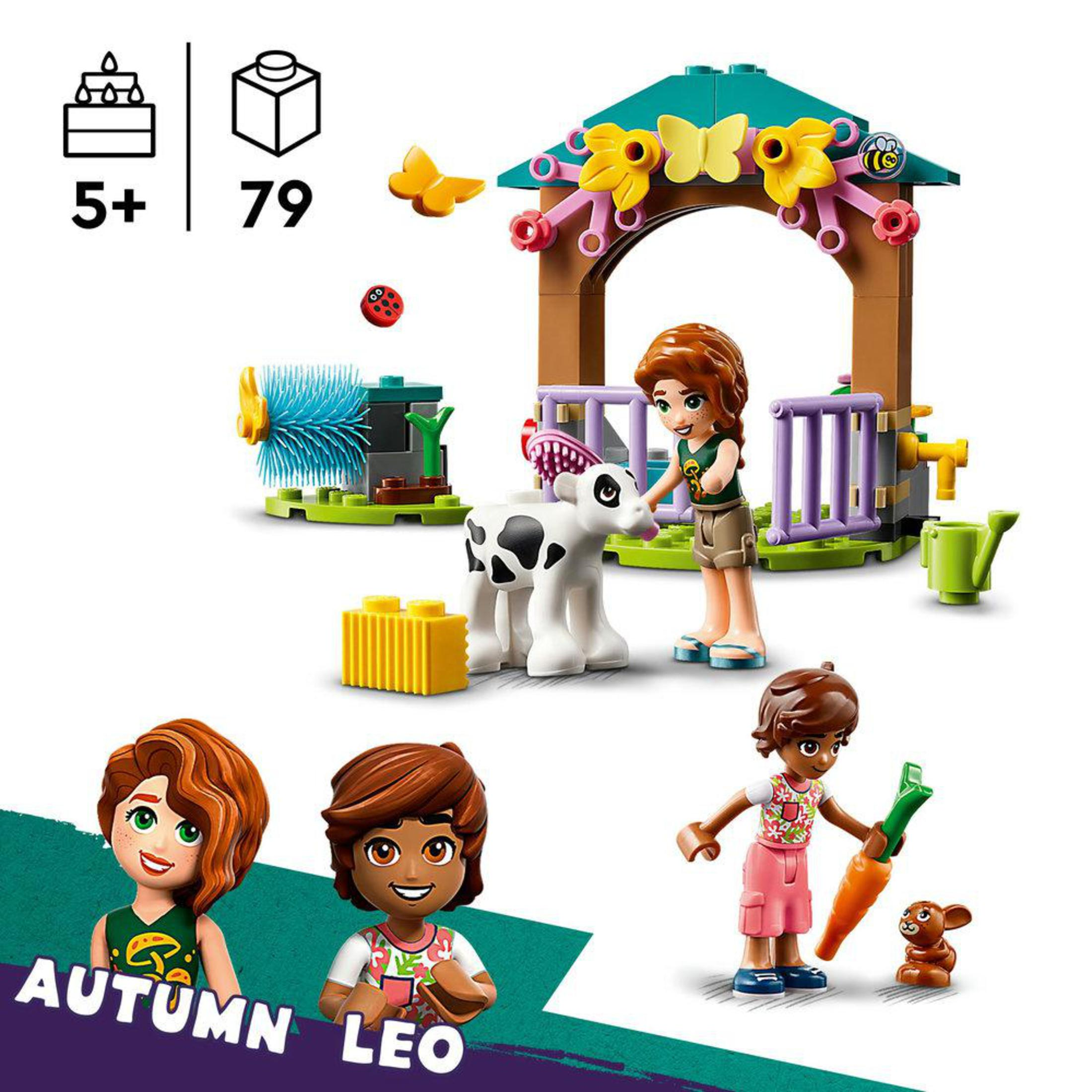 Zestaw LEGO Friends z figurkami dziewczyny, krowy i akcesoriami.