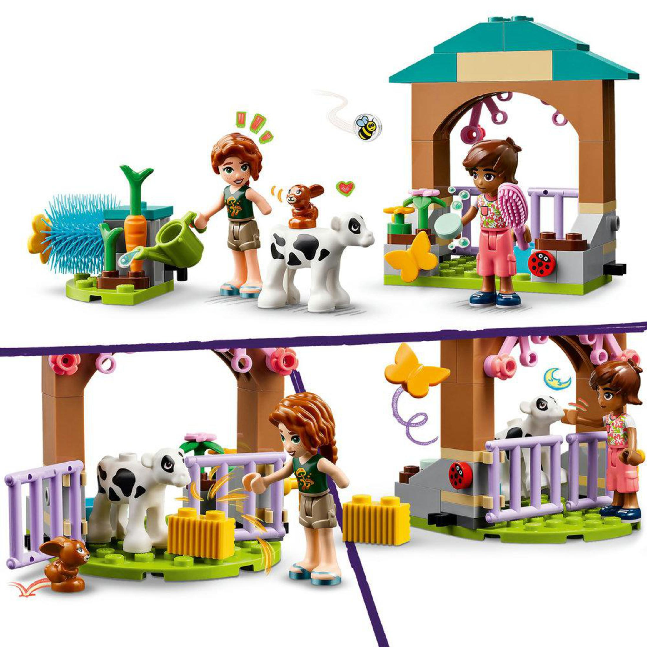 Zestaw LEGO Friends przedstawiający sceny z farmy z figurkami, zwierzętami i strukturami.