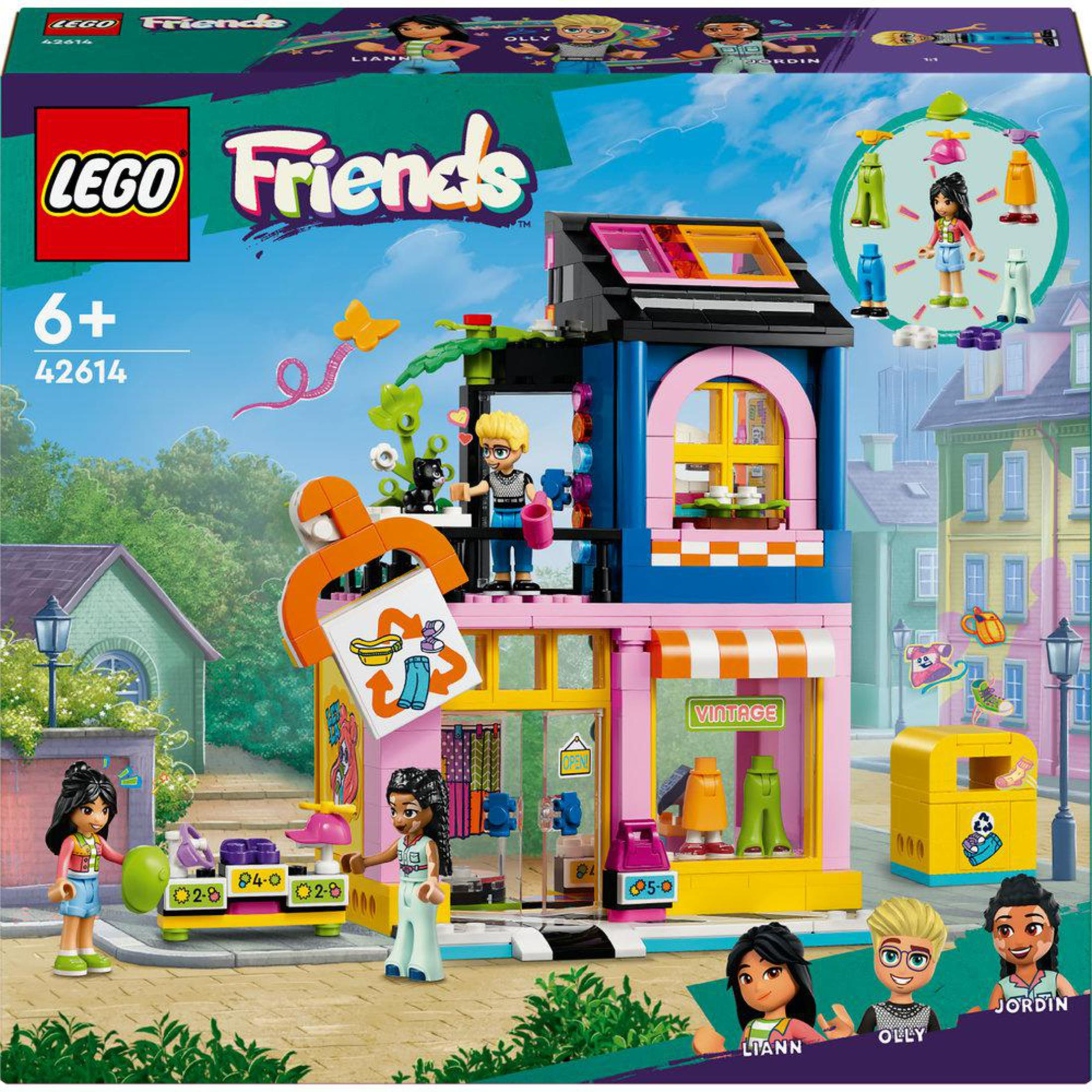 LEGO Friends seti: figürlü bir dükkan. Binalar pembe ve mavi.