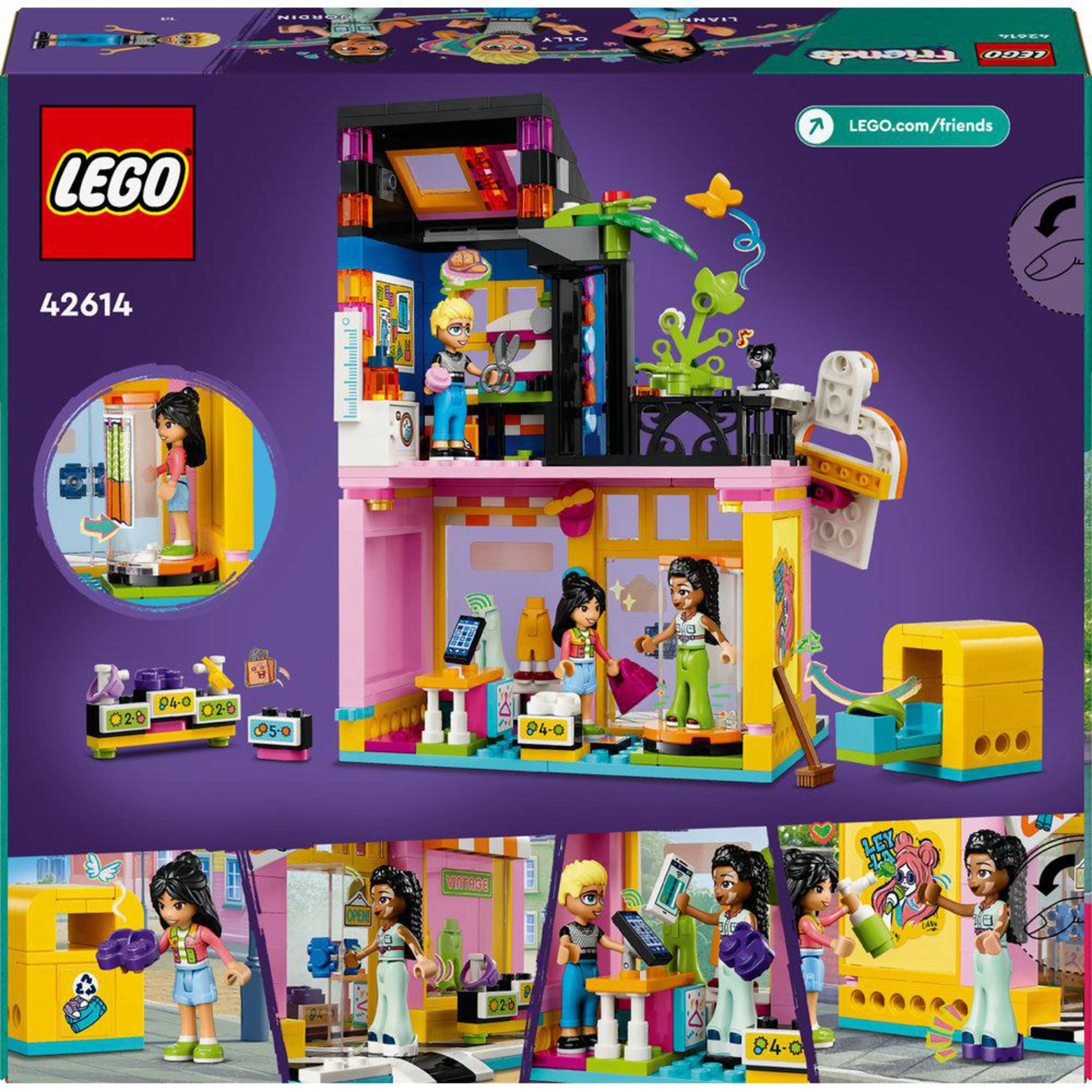Renkli bir bina ve çeşitli LEGO figürlerinin yer aldığı bir LEGO Friends kutu seti.