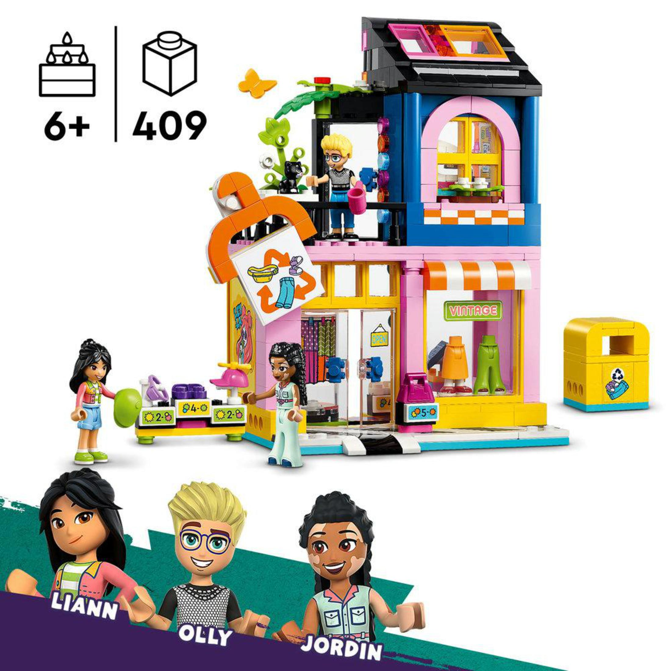 Vintage bir dükkan ile Lego seti. Minifigürler ve aksesuarlar içerir. Beyaz arka plan.