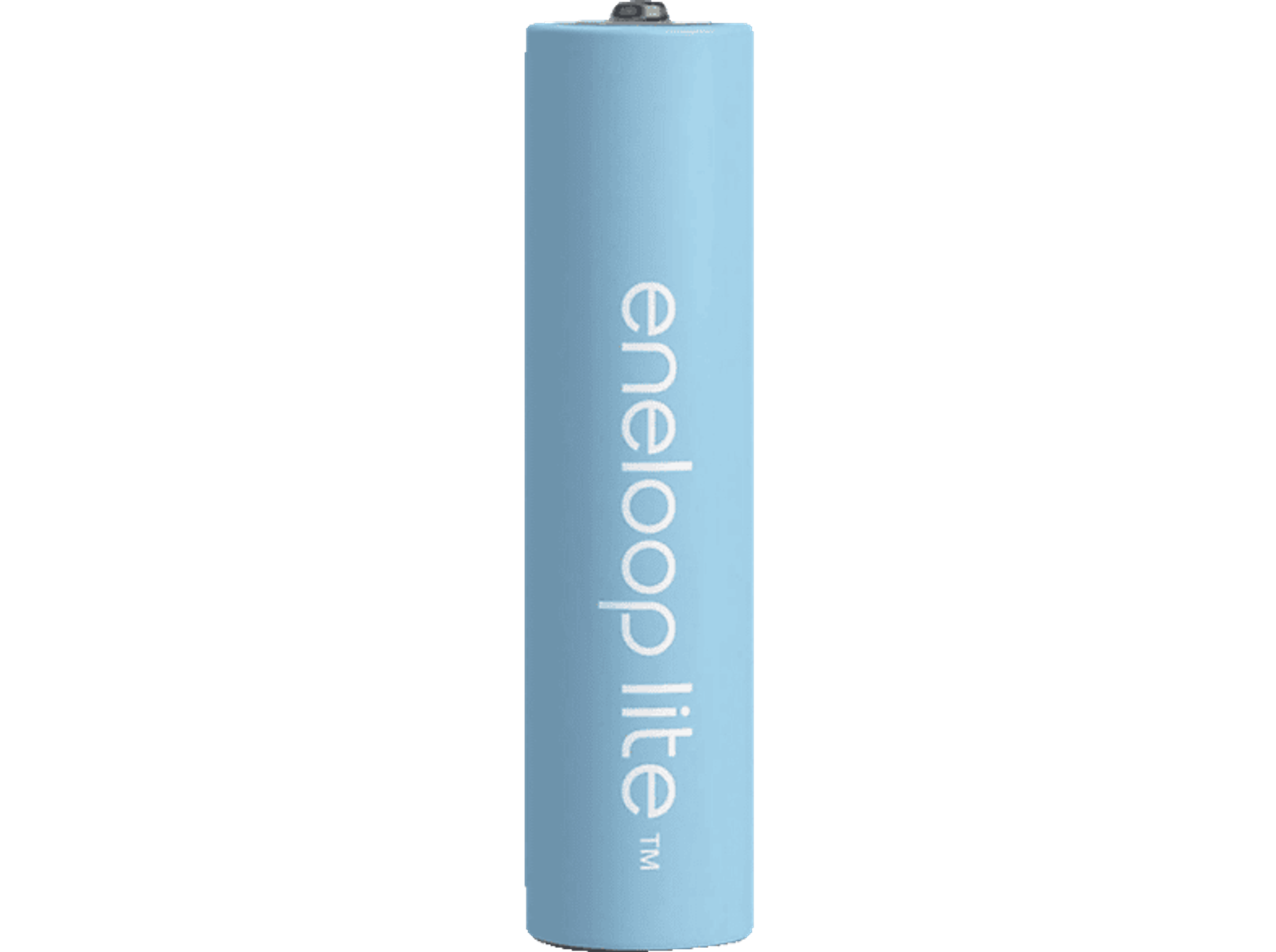 Hellblaue eneloop lite Batterie mit weißem Text.