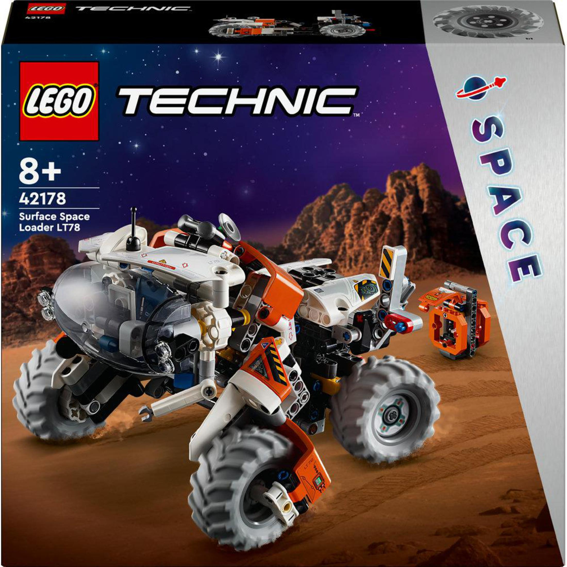 Una caja de Lego Technic con un vehículo cargador espacial. La caja también tiene los logotipos de Lego y Technic.