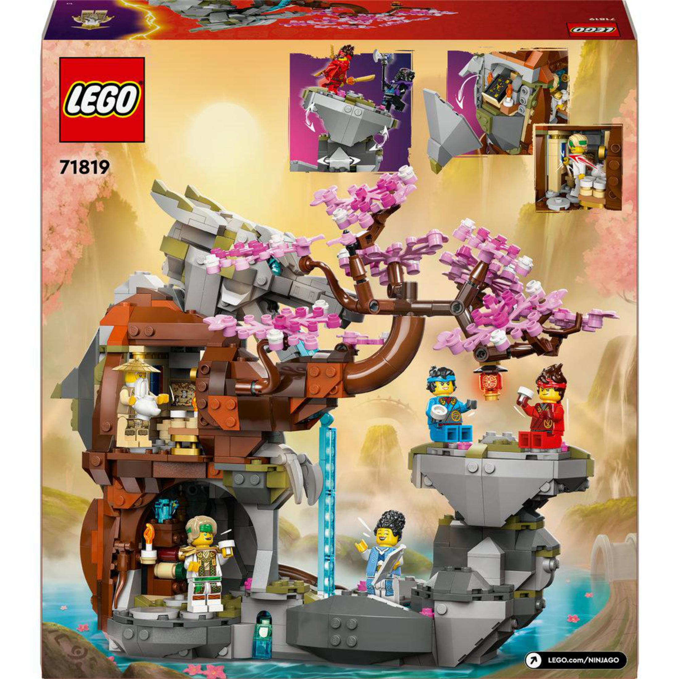 Lego Ninjago-Box-Set mit verschiedenen Figuren und einem detaillierten Modell einer Struktur.