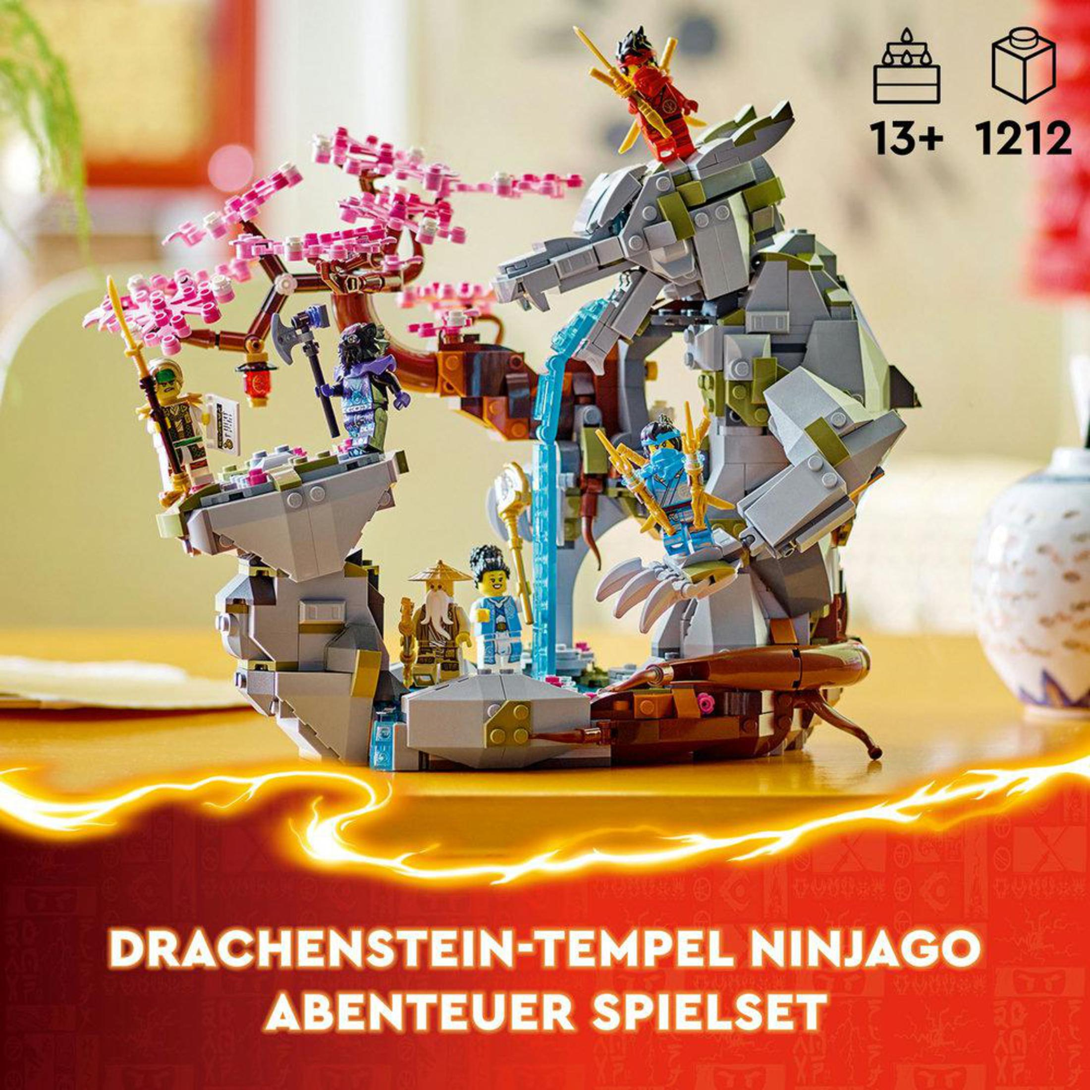 Lego Ninjago Set, Drachentempel-Szene mit Figuren, Wasserfall und Kirschblütenbäumen.