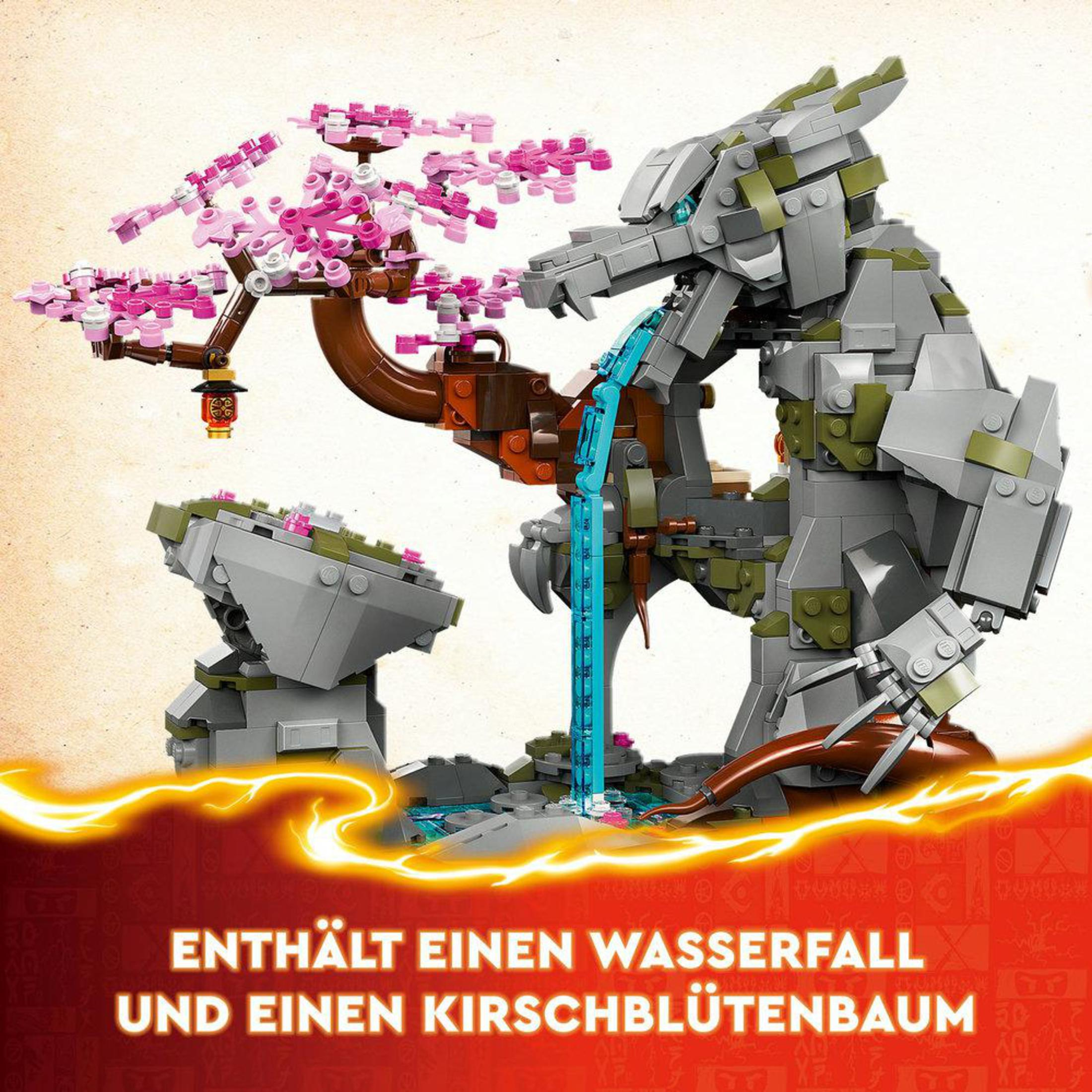 Ein Lego-Set mit Wasserfall, Kirschblütenbaum und Steinstruktur.