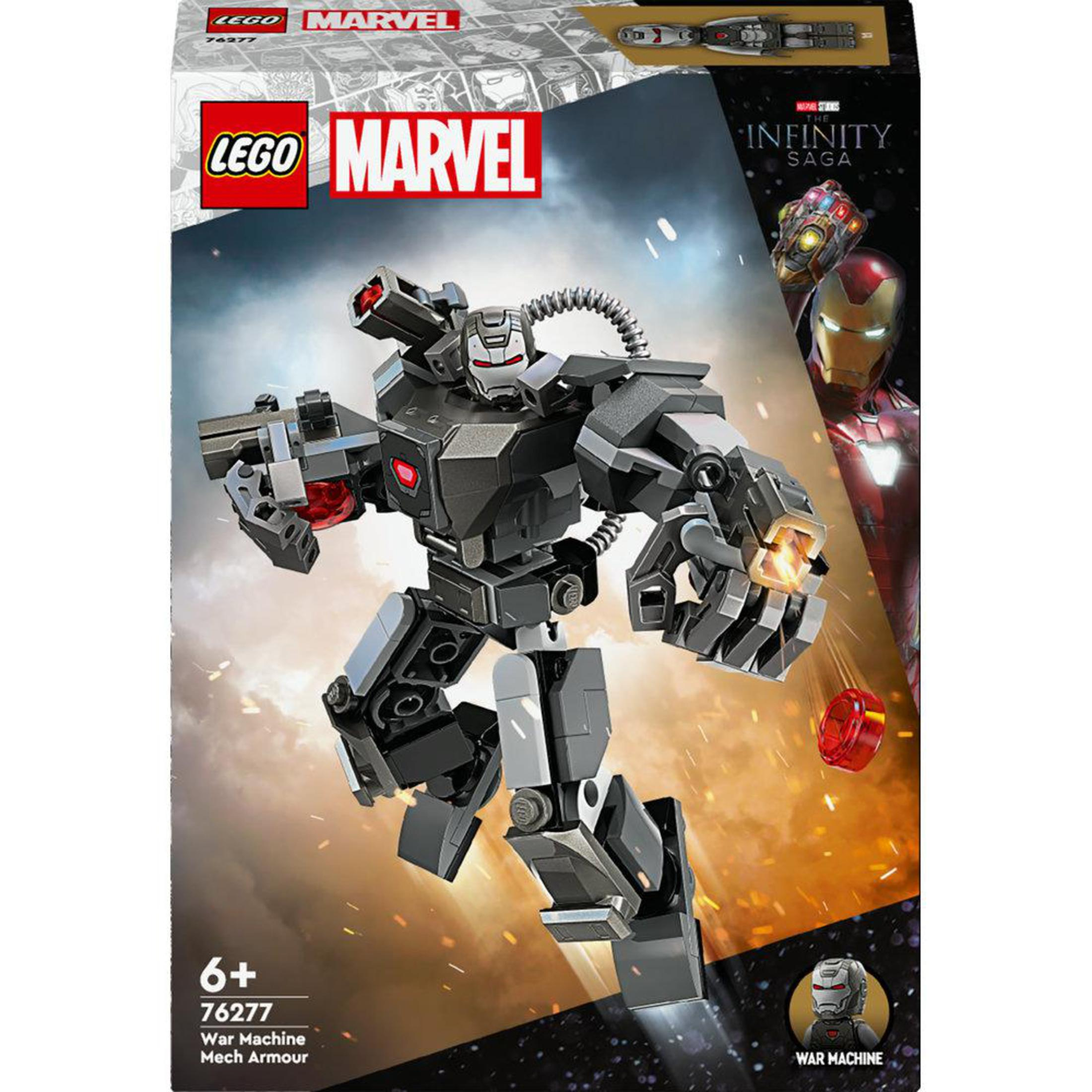 Lego Marvel War Machine, Mech-Rüstungsset-Box. Eine War Machine-Figur ist auf der Vorderseite. Weißer Hintergrund.