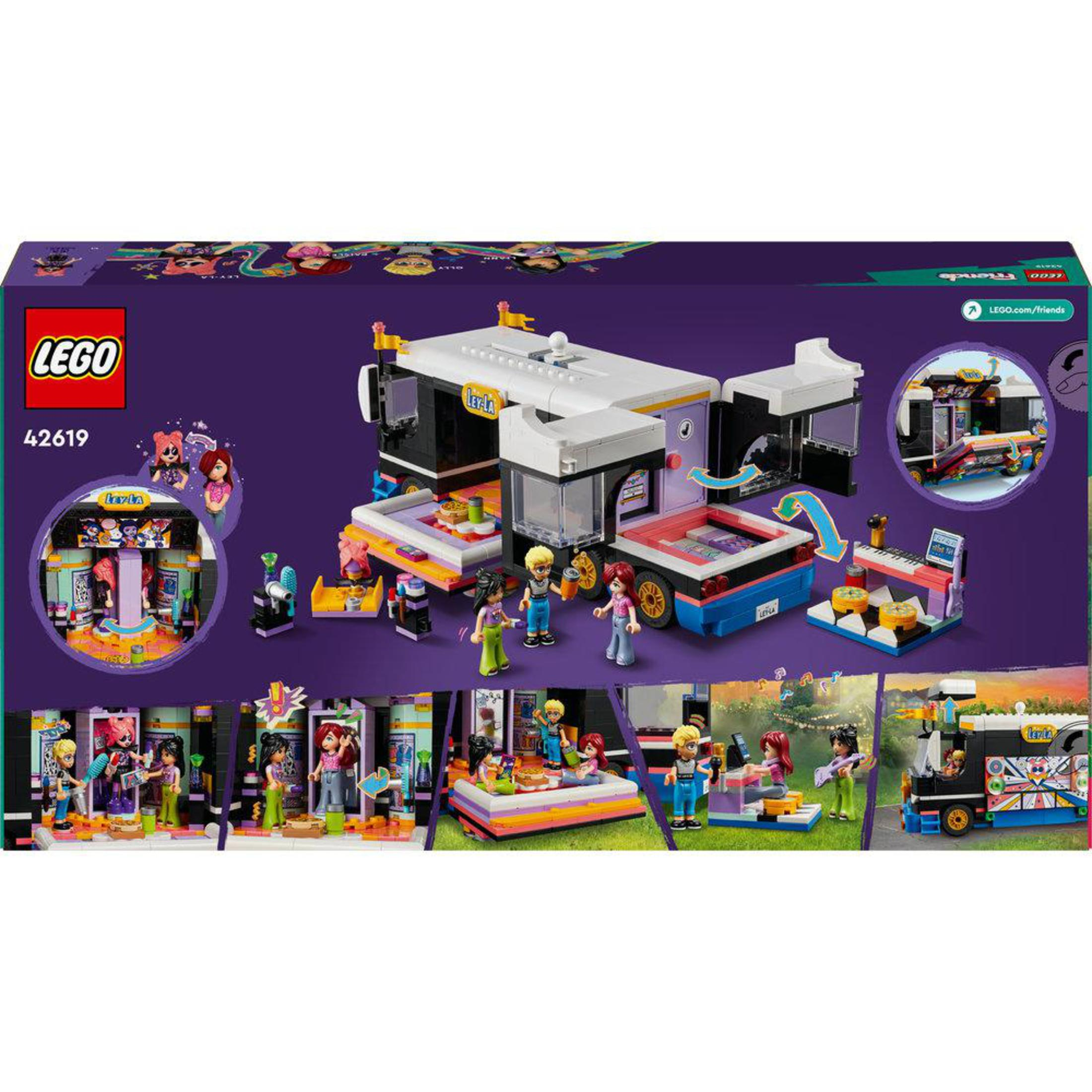 Pudełko zestawu LEGO Friends przedstawia food truck z minifigurkami i różnymi elementami związanymi z jedzeniem.