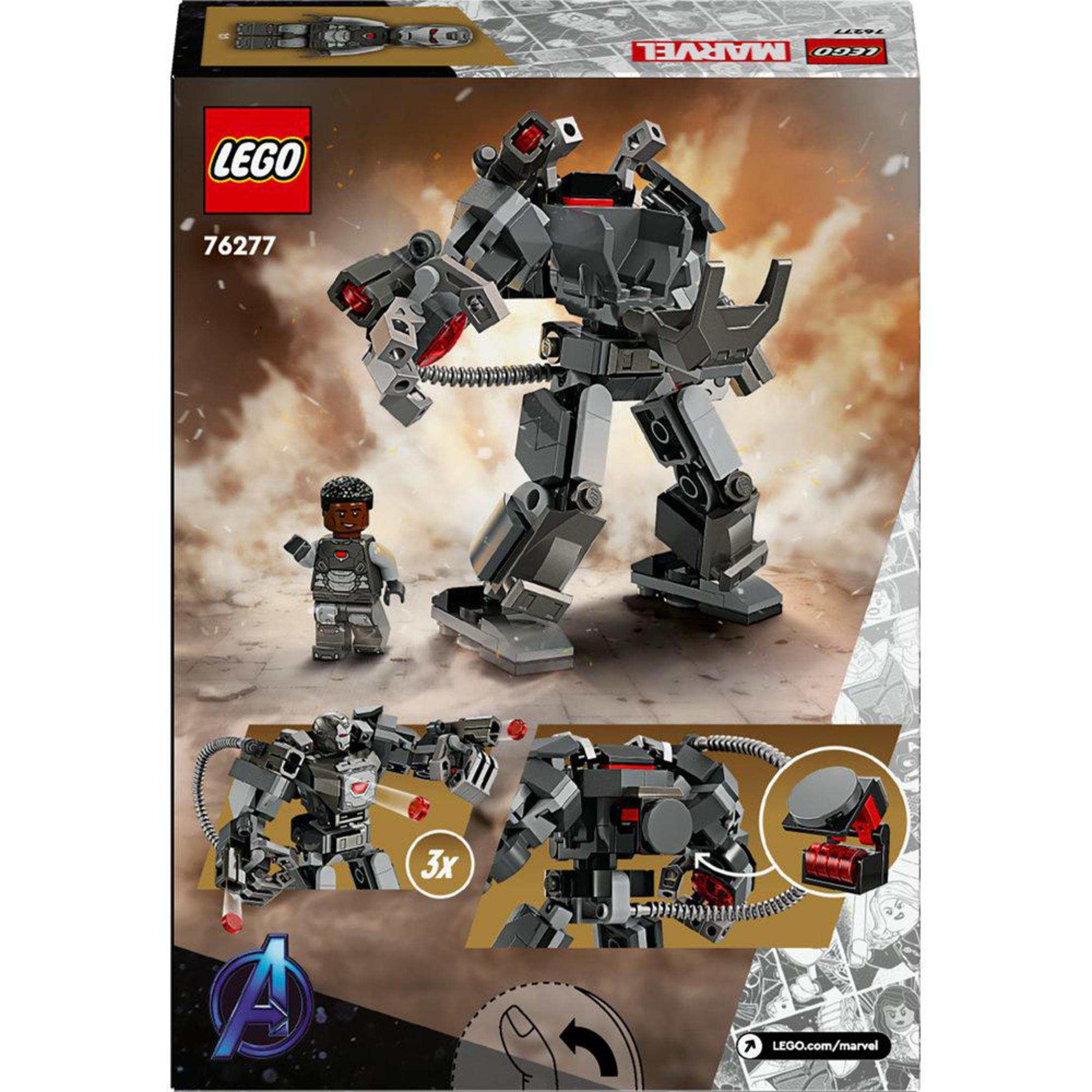 LEGO Marvel Set-Box. Enthält eine War Machine-Figur und einen Mech. Der Hintergrund zeigt eine Explosion.