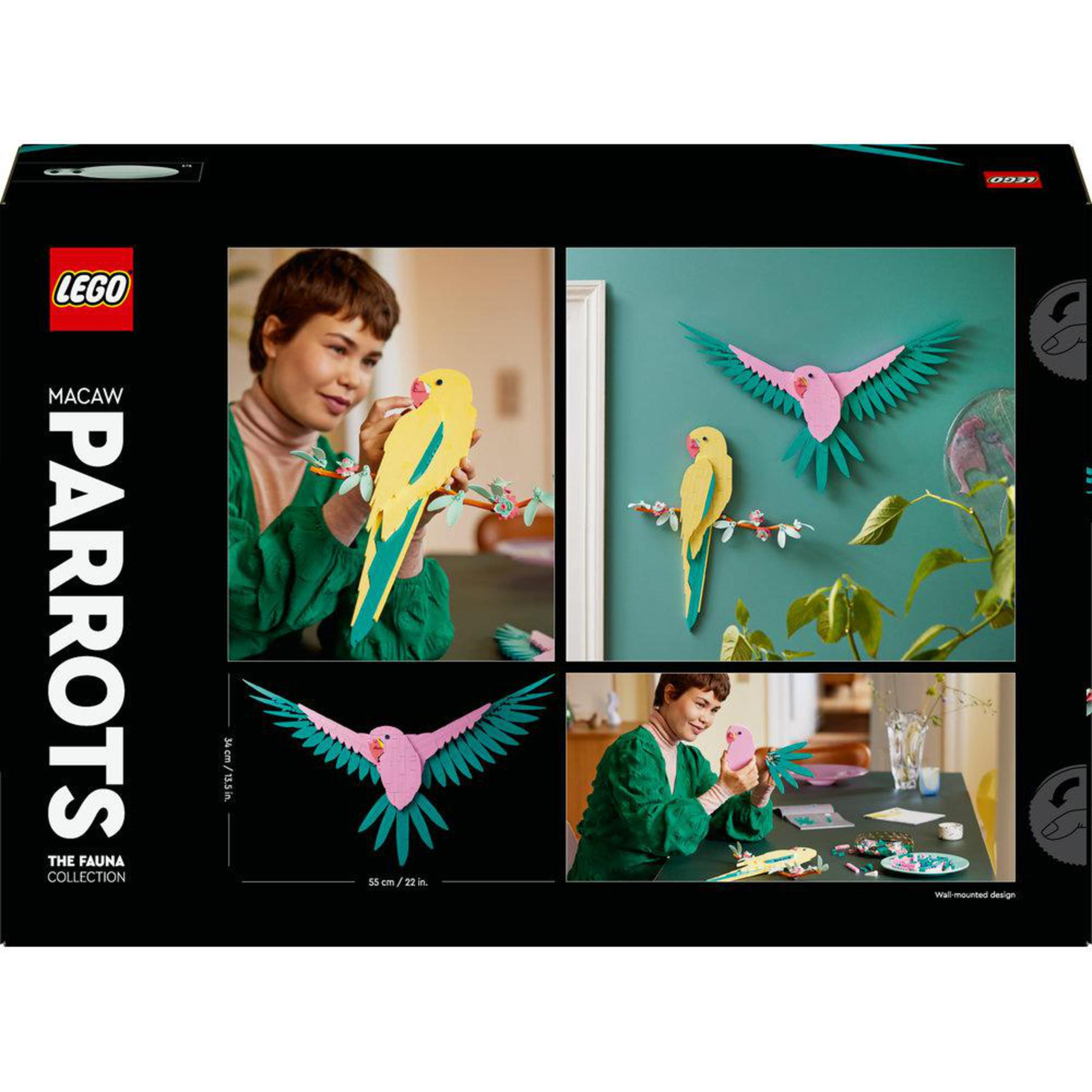 Een LEGO-doos met papegaaien. Mensen bouwen papegaaien. Zwarte doos met LEGO en papegaaienafbeeldingen.