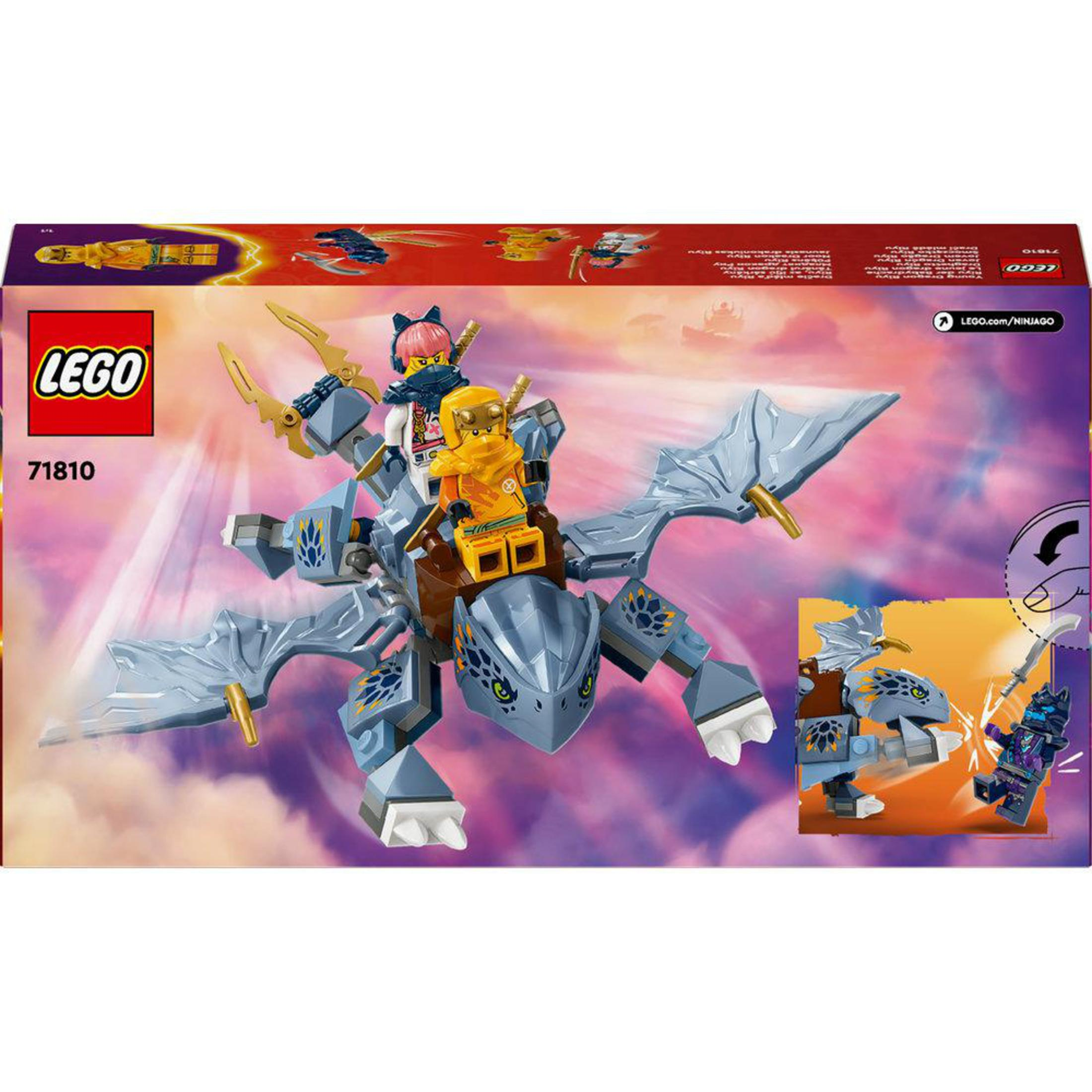 LEGO-Box mit einem blauen Drachen und Minifiguren, die reiten. Die Box zeigt das Lego-Logo.