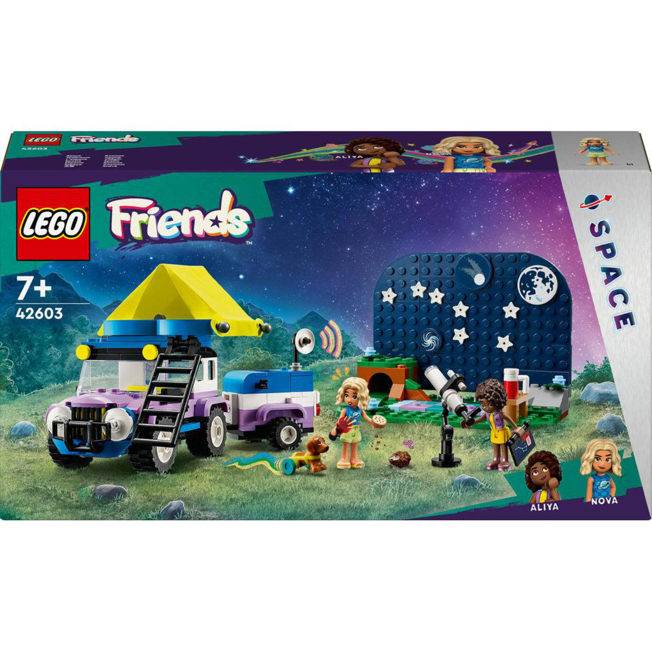 Zestaw kosmiczny LEGO Friends: pojazd, figurki i model stacji kosmicznej.
