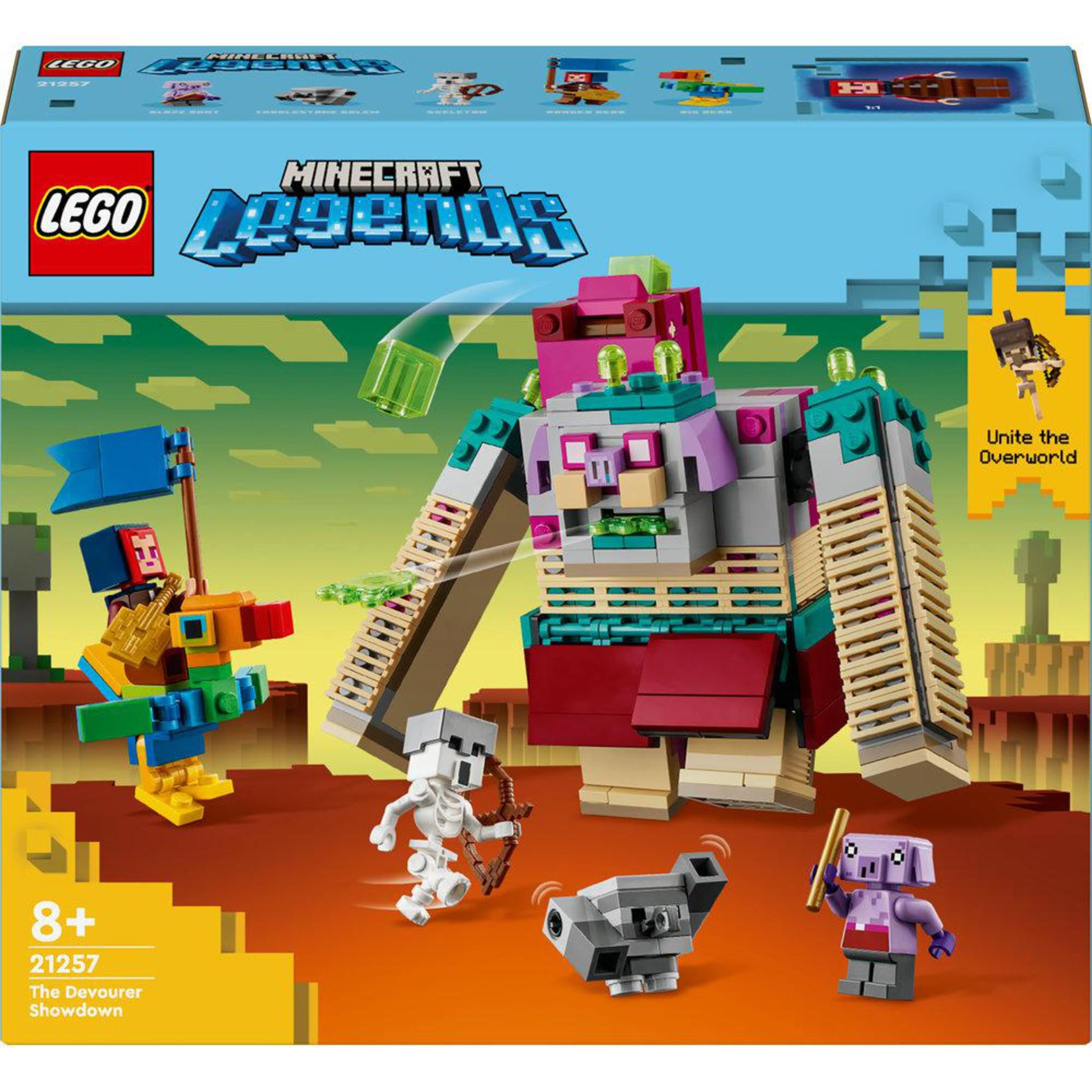 LEGO Minecraft-Set; Figuren und großes Devourer-Monster. Box zeigt Szene mit Text und Logo.