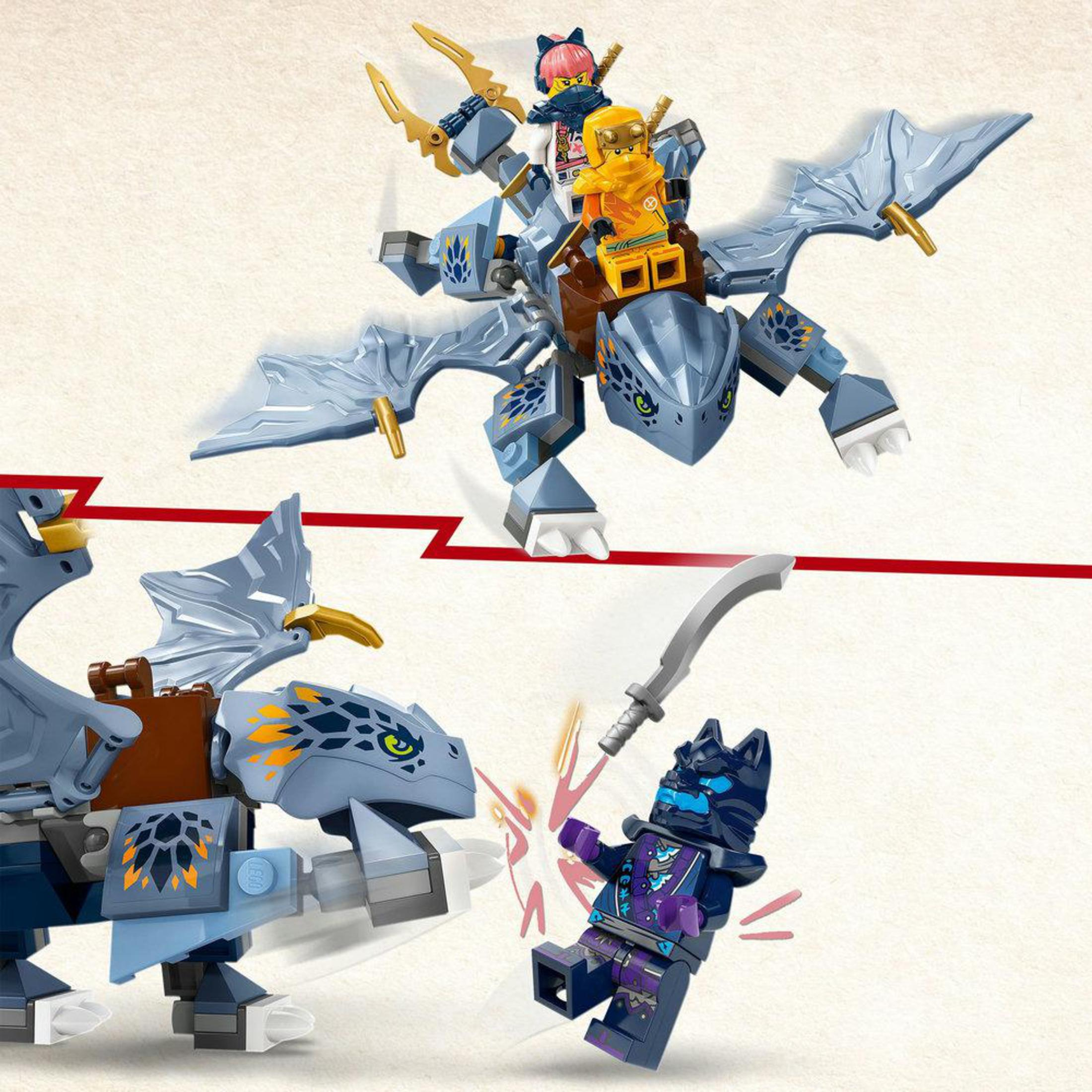 Lego Ninjago Set mit Drachen und Figuren im Kampf. Blau und Gelb dominieren.