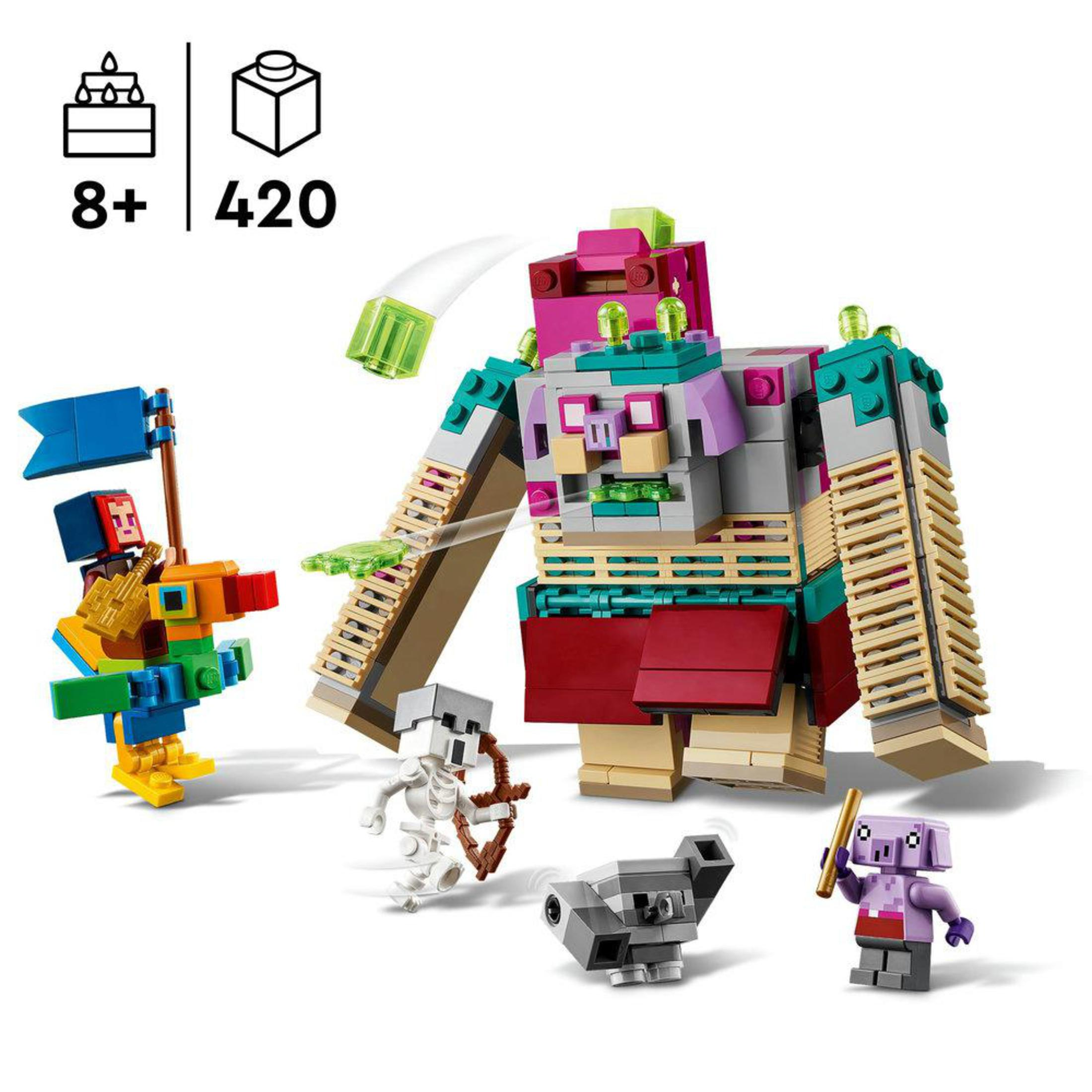 LEGO Minecraft Set. Das Set enthält Figuren und eine große, blockartige, mehrfarbige Struktur.