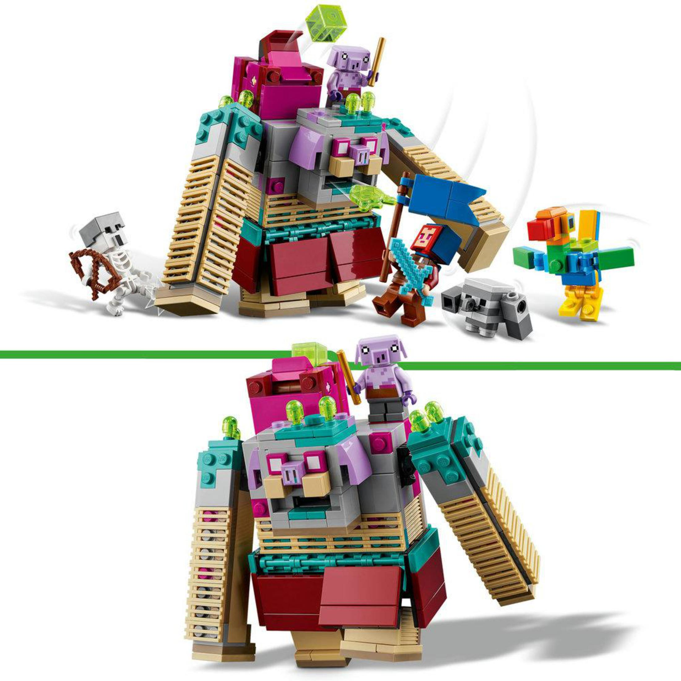 LEGO Minecraft Set mit Figuren und einem großen, bunten Golem.