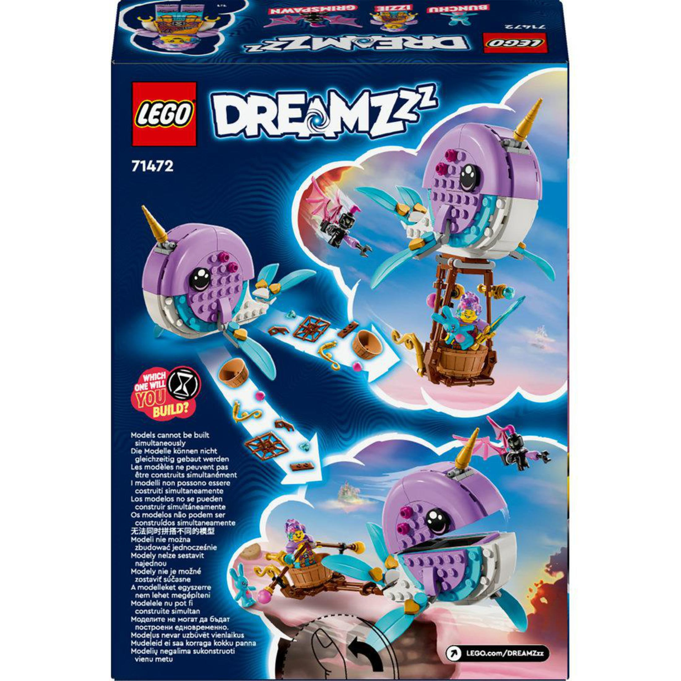 LEGO Dreamzzz-Box mit farbenfrohem Bau. Enthält eine narwalartige Struktur und Figuren.