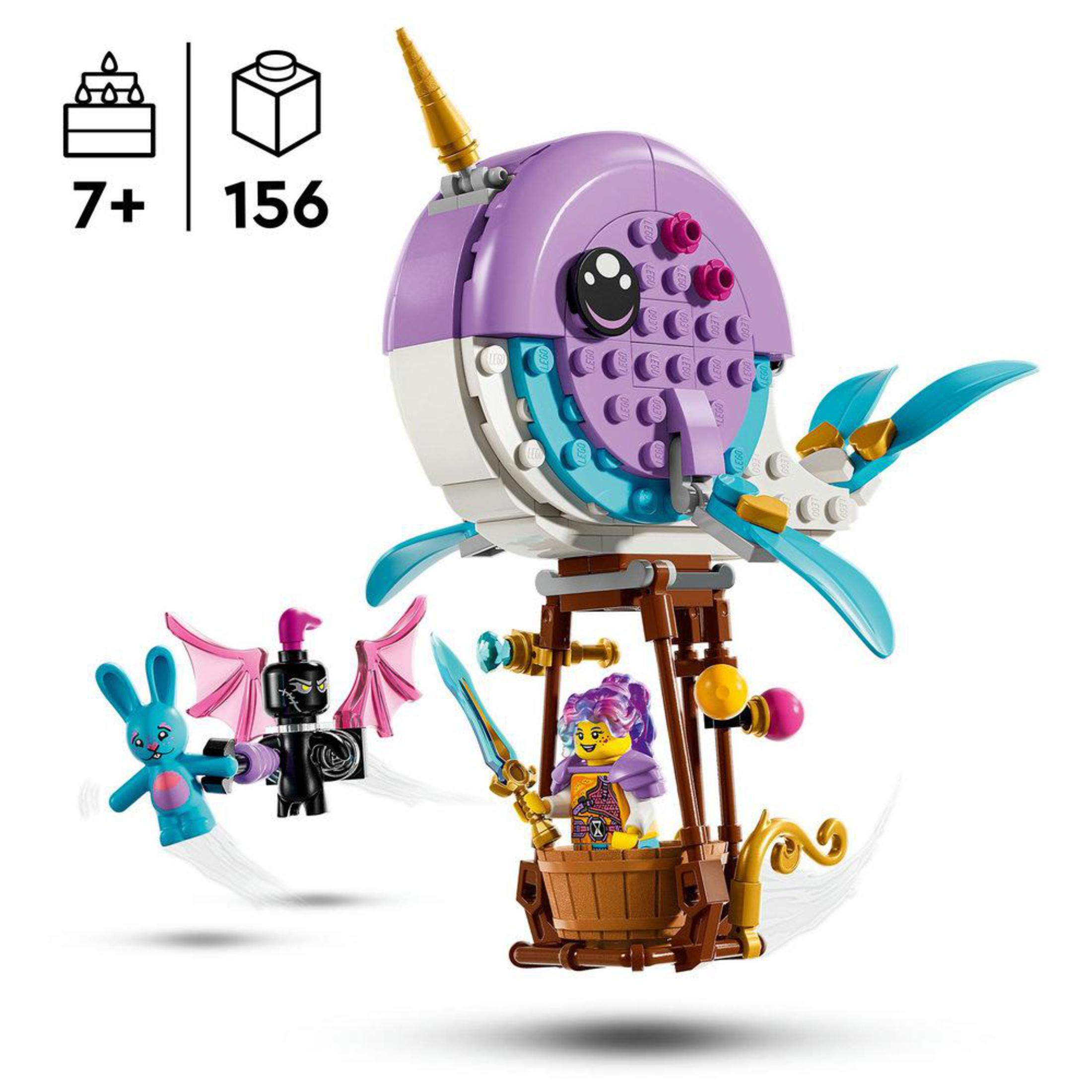 Lego-Set mit Figuren: einem einhornartigen Charakter in einem Heißluftballon und zwei weiteren Figuren.