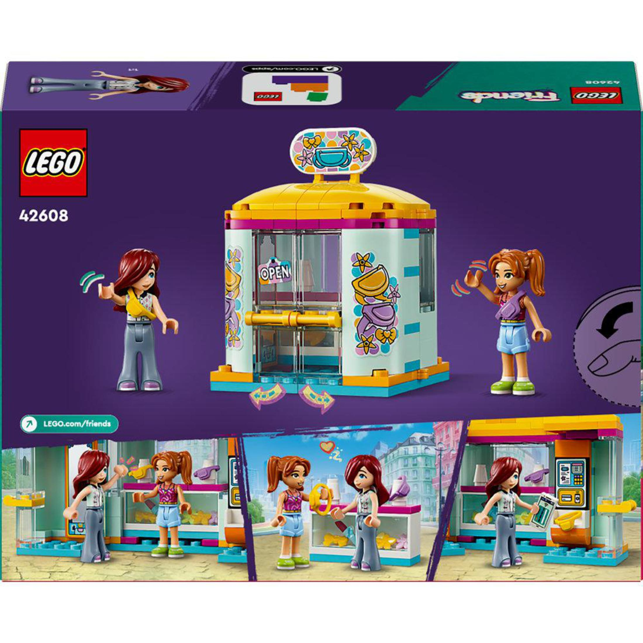 Lego Friends-Box-Set mit Figuren und einem Modell einer Ladenfront mit Zubehör.