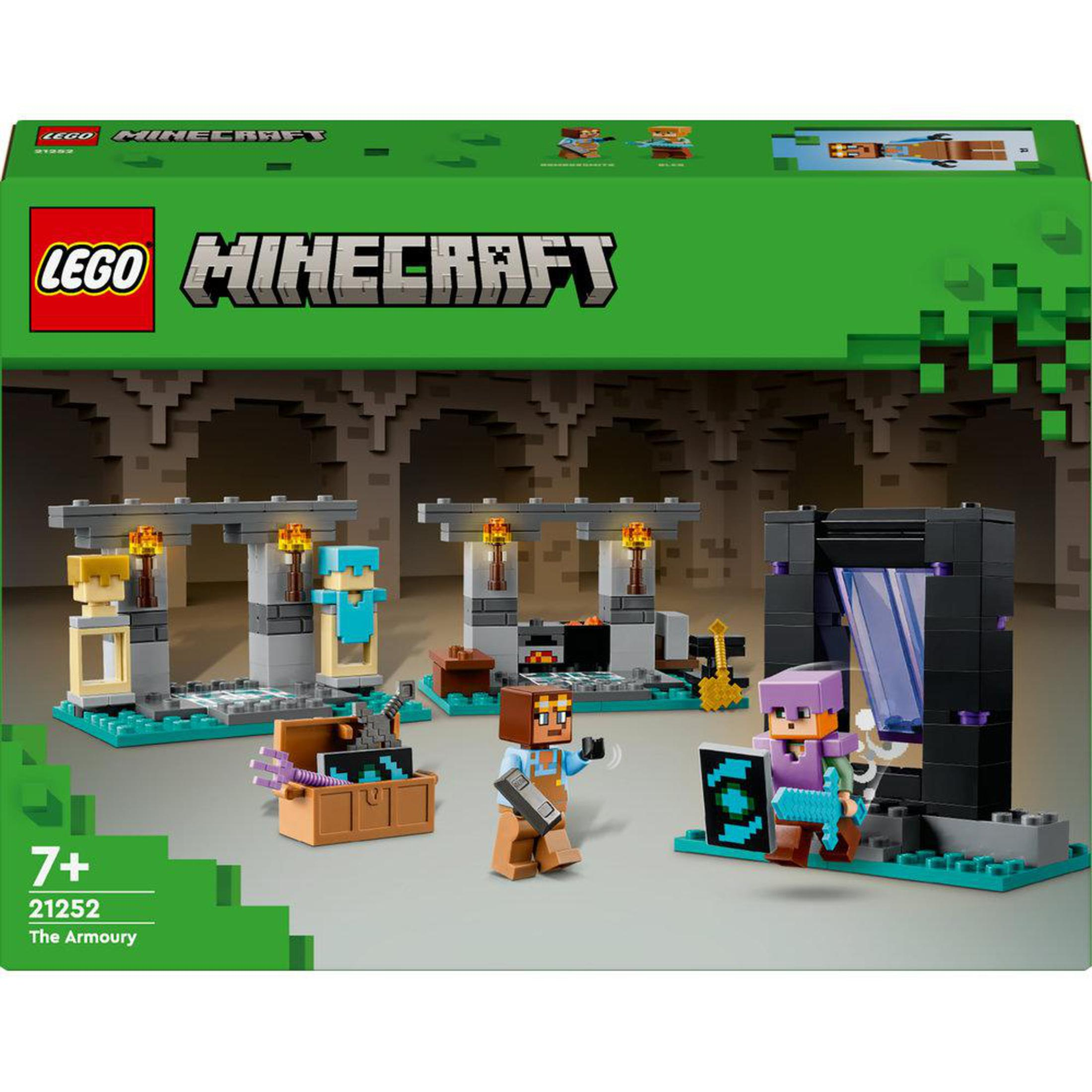 Zestaw LEGO Minecraft. Figurki i konstrukcje na zielonej podstawie, z pudełkiem w tle.