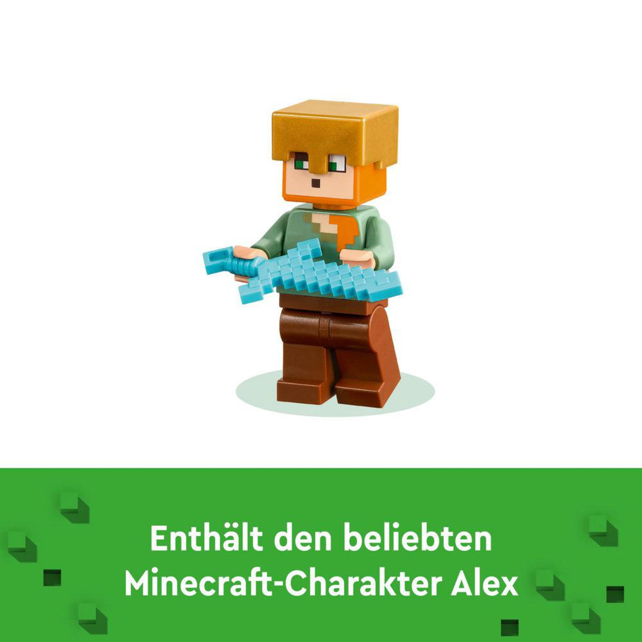 Figurka Lego Alex z Minecraft z niebieskim mieczem. Tekst: Zawiera popularną postać Alex z Minecraft.