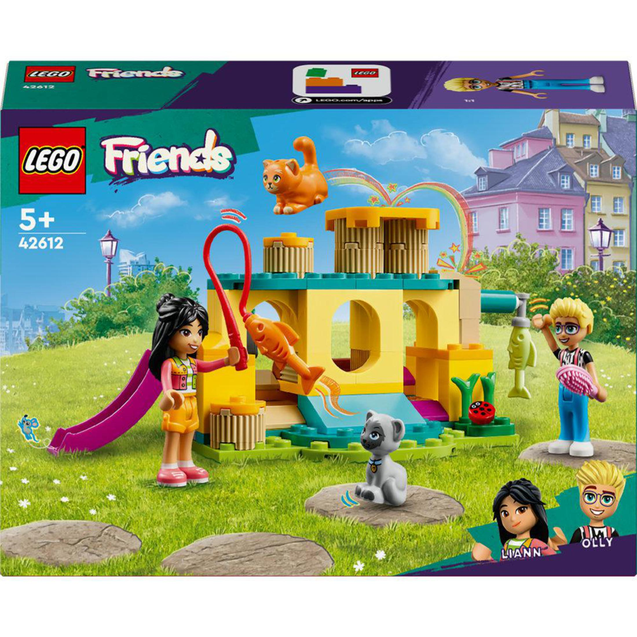 Lego Friends Set mit Figuren, Katze und Gebäude. Bunt mit Regenbogen.