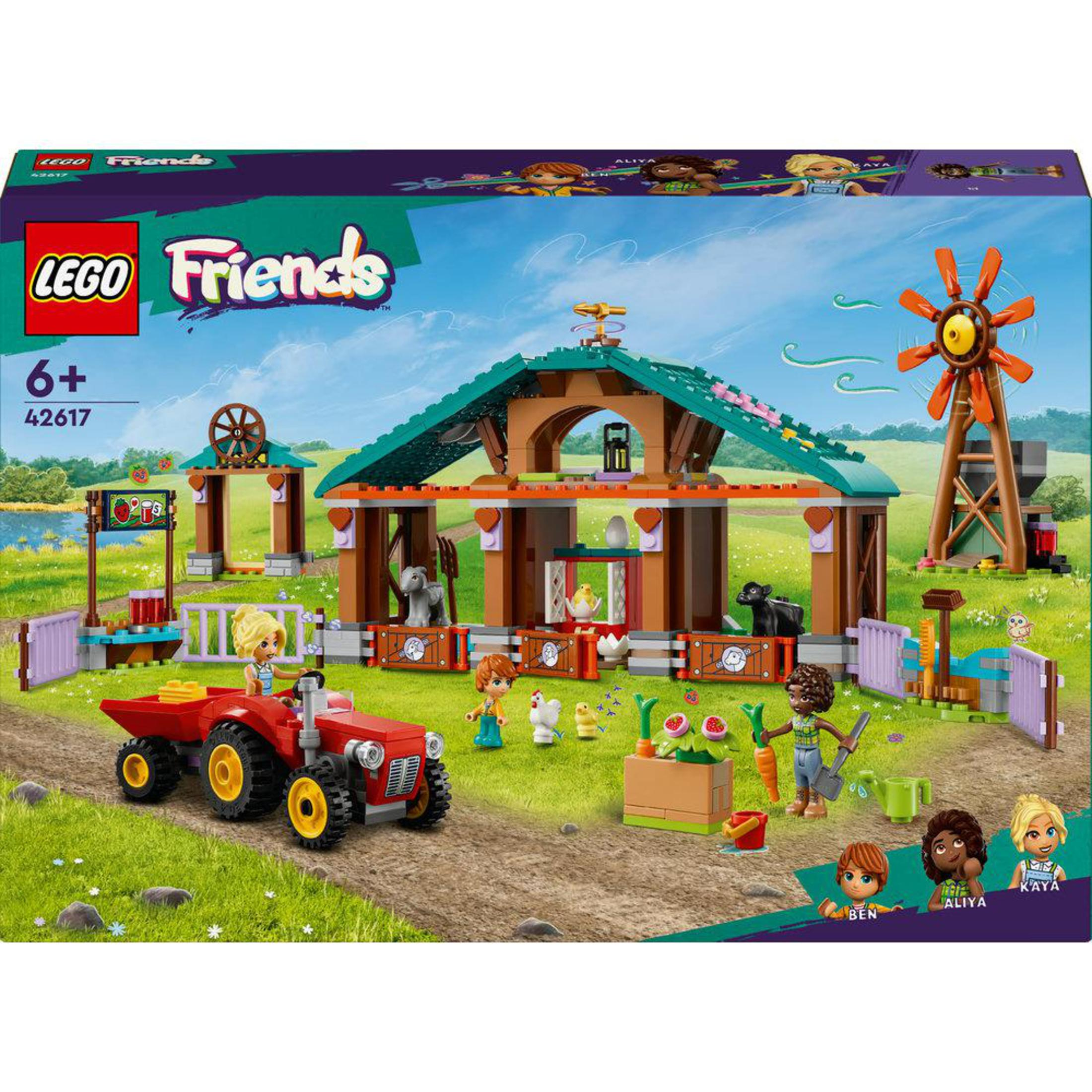 Çiftlik sahnesi ve figürlerle Lego Friends seti.