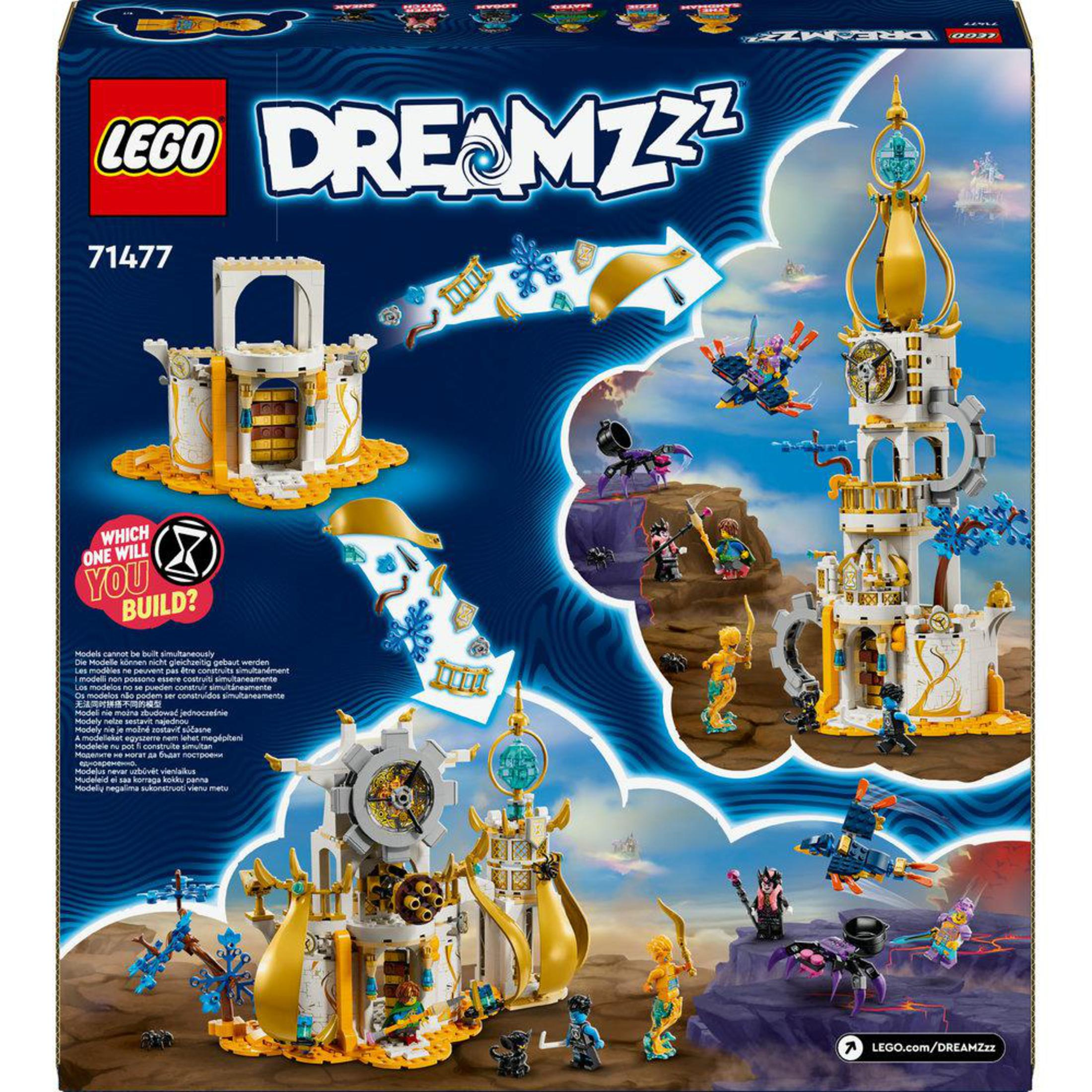 Lego Dreamzzz Set-Box mit Lego-Modellen und einer detaillierten Szene mit mehreren Lego-Charakteren.