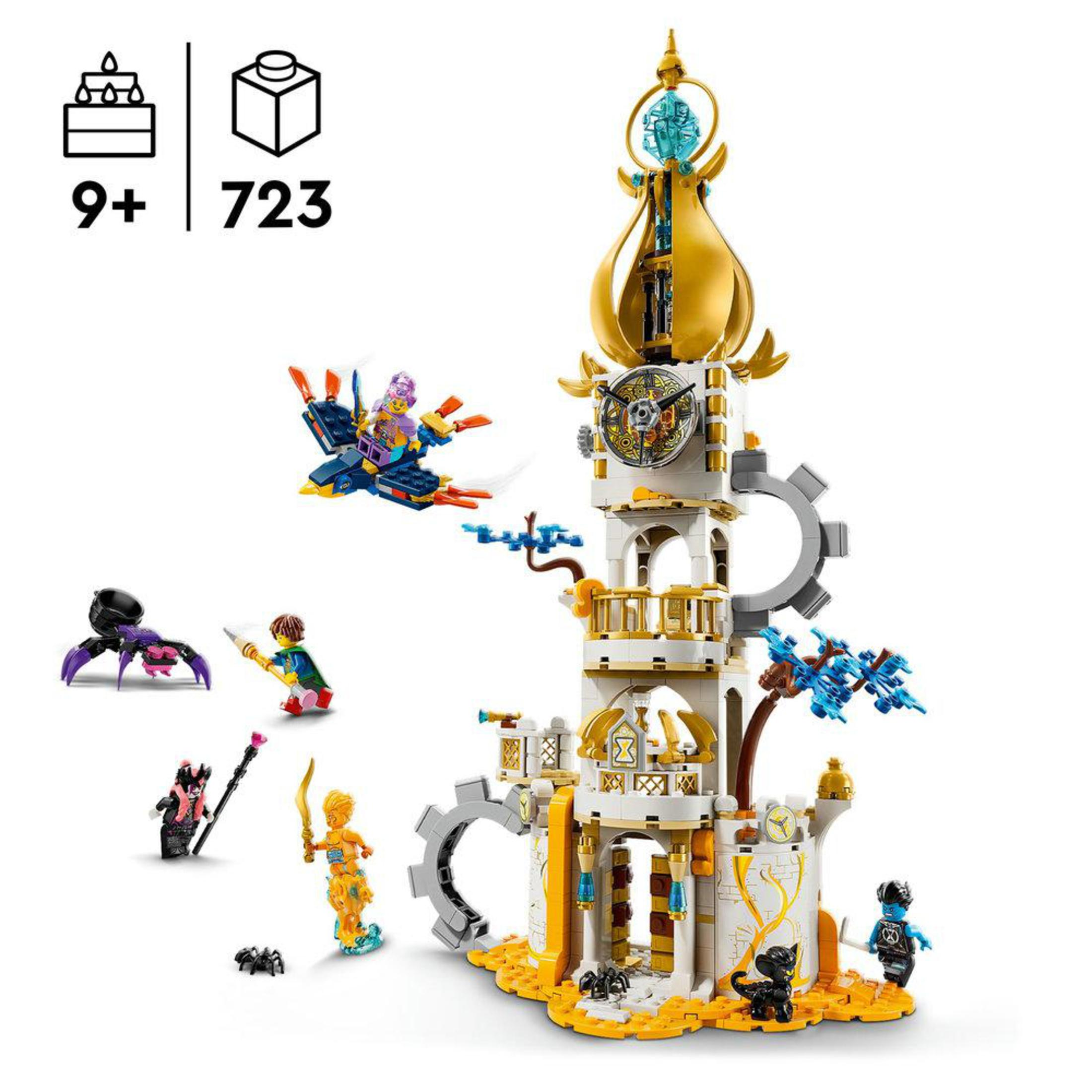 Lego Ninjago-Set mit einem hohen Turm und mehreren Figuren. Weiße und goldene Farben. Der Hintergrund ist weiß.