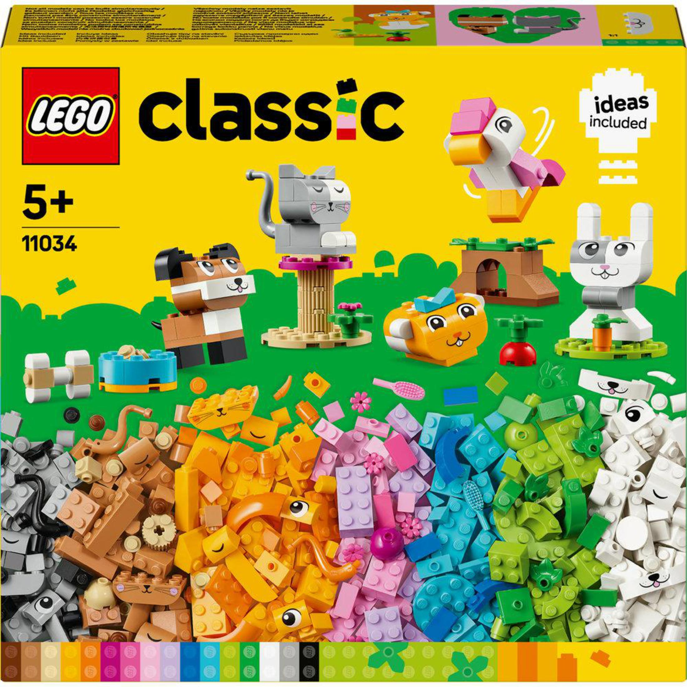 Pudełko zestawu Lego Classic z kilkoma modelami zwierząt Lego i różnymi kolorowymi klockami na dole.