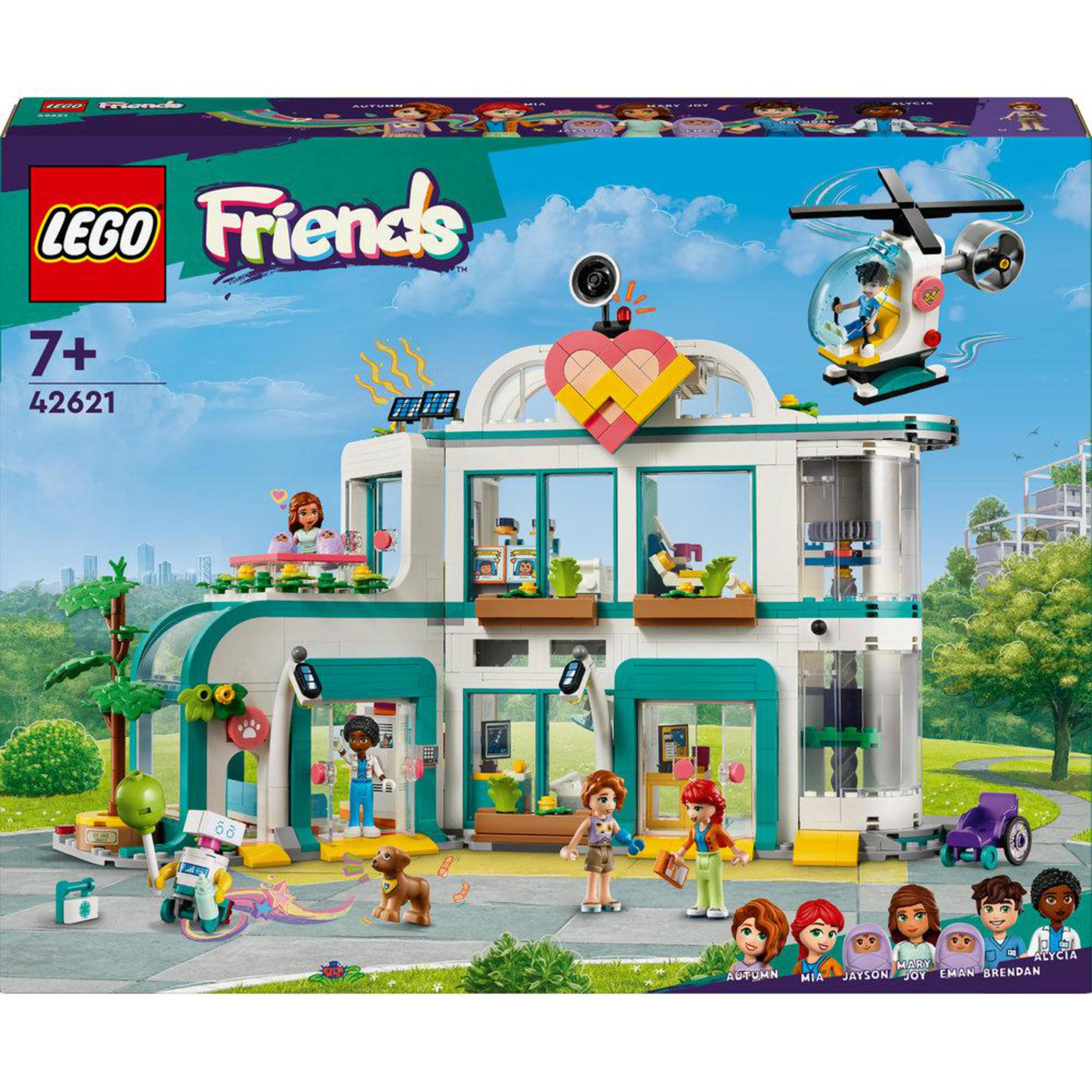 Pudełko zestawu Lego Friends przedstawiające budynek z figurkami i helikopterem.