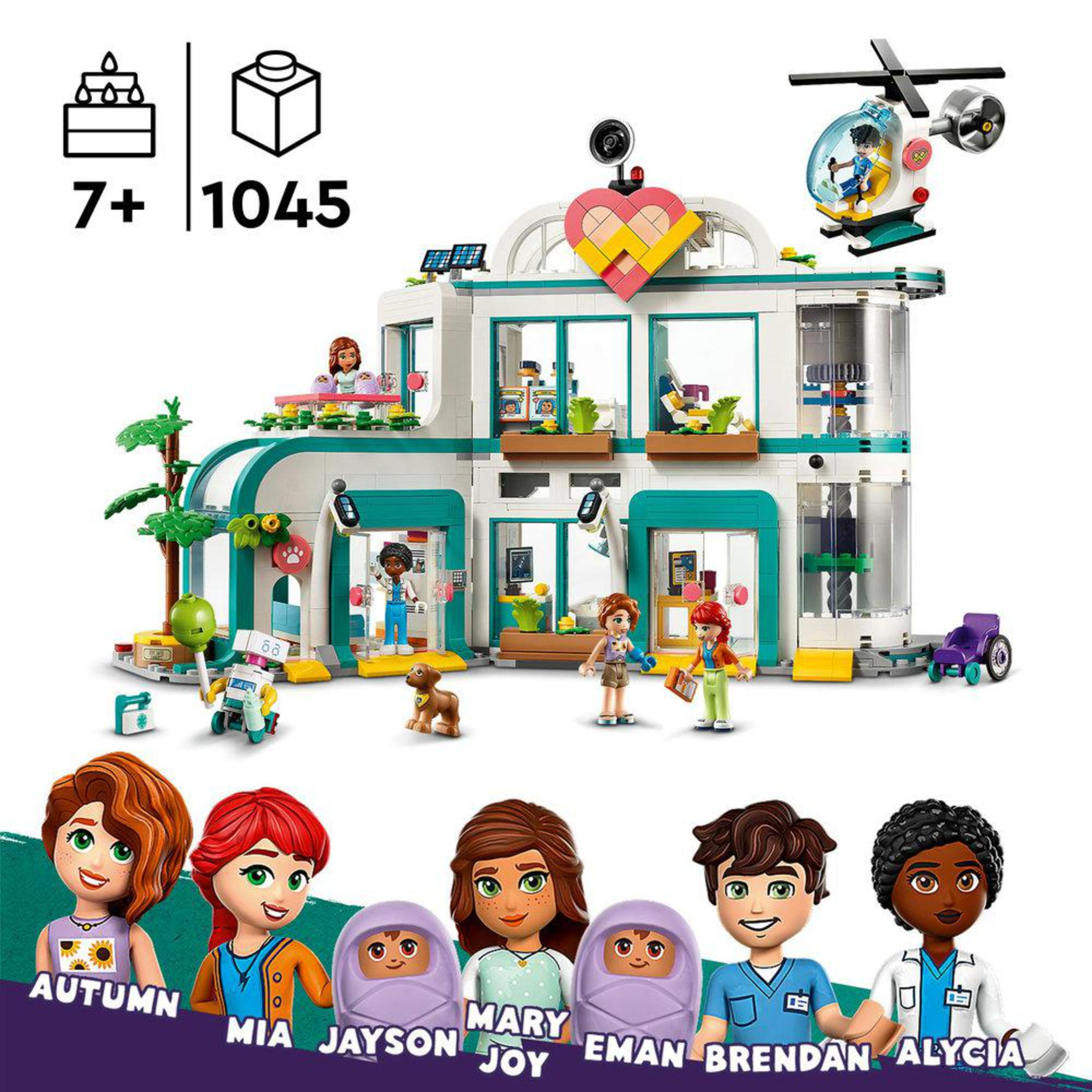 Zestaw LEGO Friends z budynkiem szpitala, figurkami i akcesoriami.