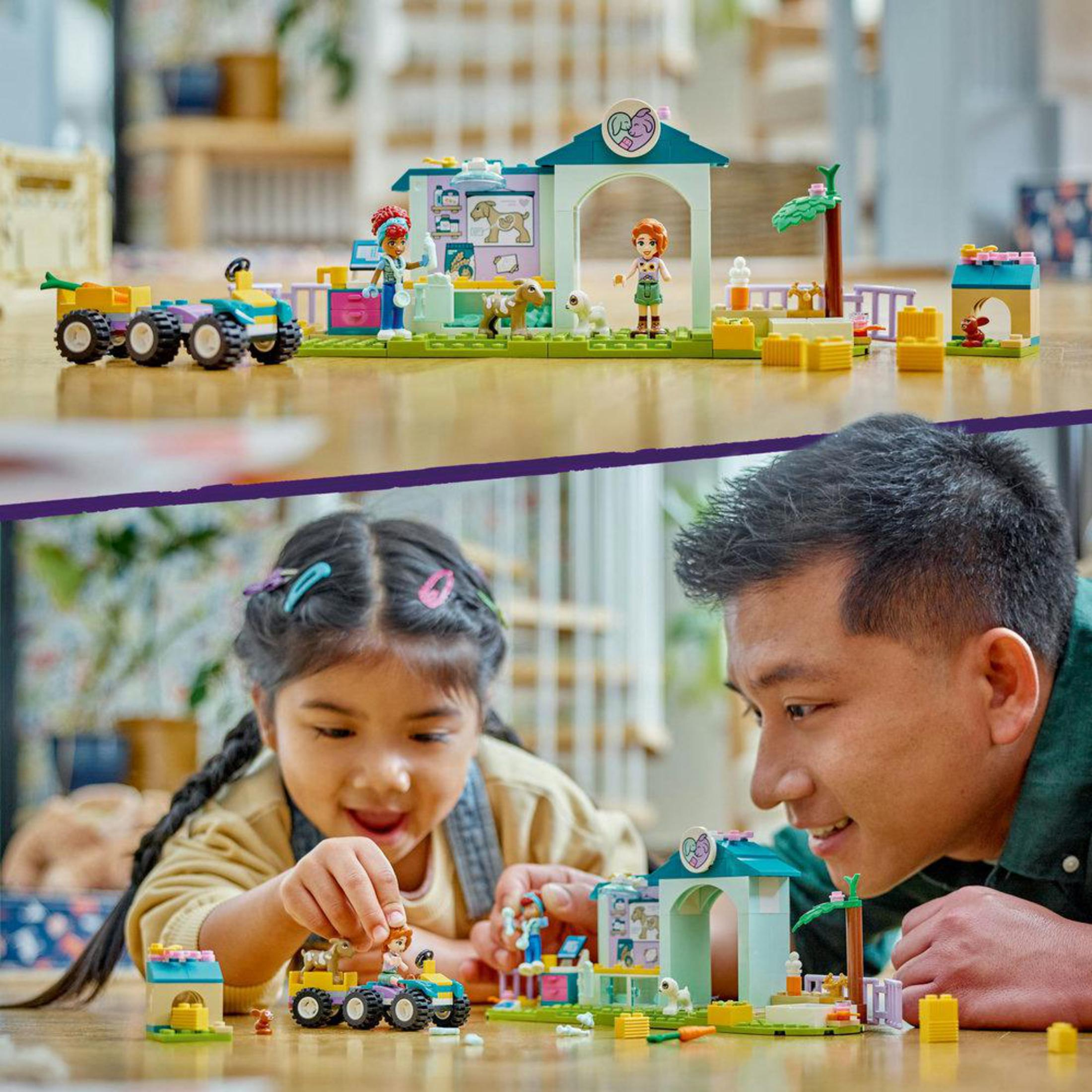 Veteriner kliniği ve onunla oynayan insanlarla bir Lego Friends setinin iki görüntüsü.