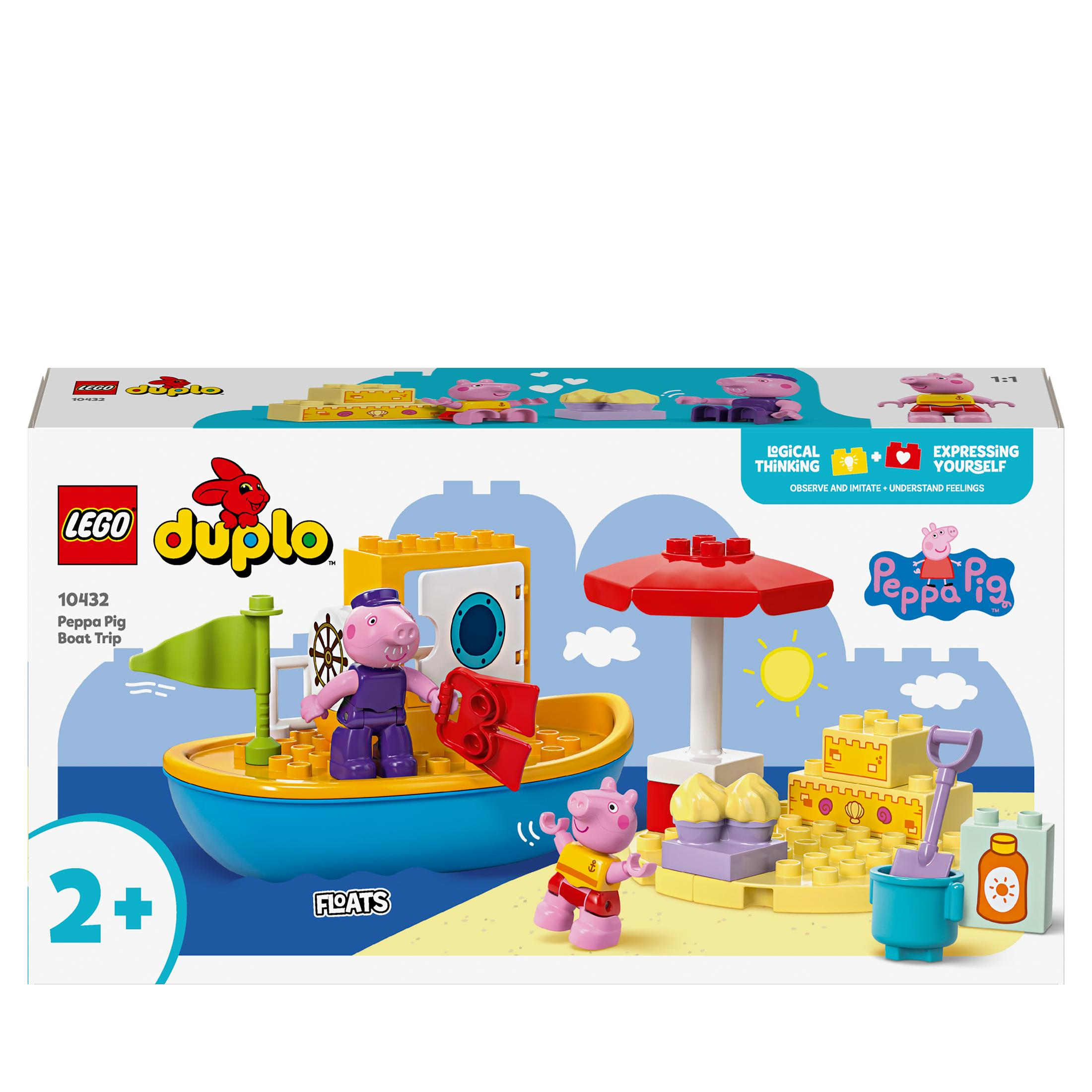 Pudełko Lego Duplo z sceną wycieczki łodzią Peppy i dwiema postaciami na plaży.