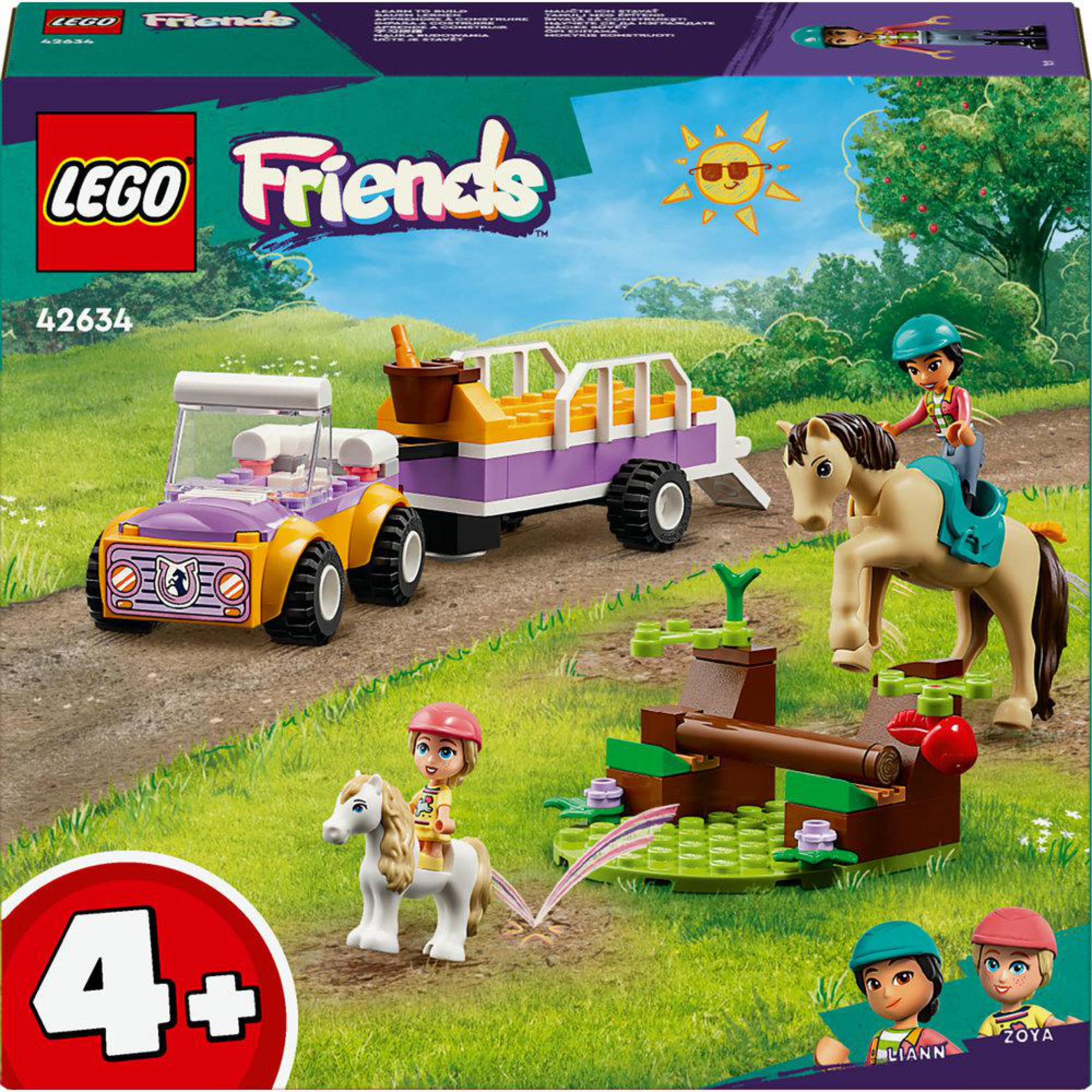 LEGO Friends kutusu, bir golf arabası, bir römork ve iki at ile bir binicilik kampı sahnesi gösteriyor.