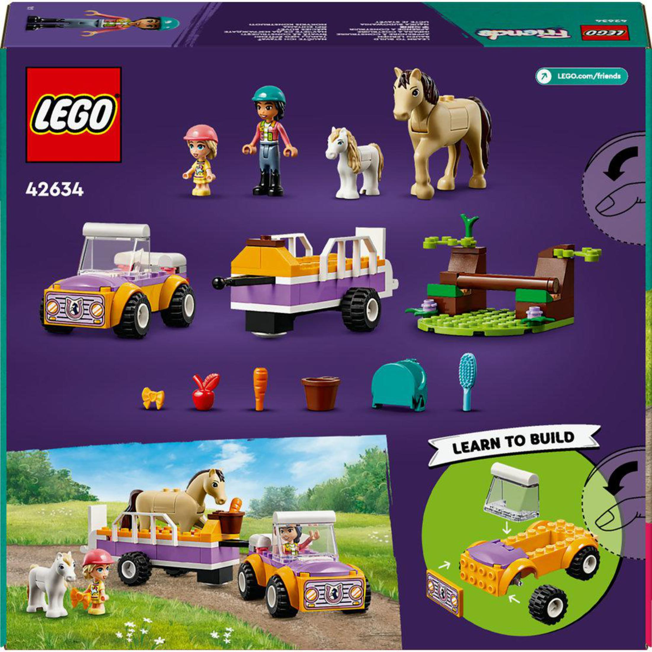 Figürler, araçlar ve hayvanlarla bir çiftlik sahnesi gösteren bir Lego Friends set kutusu.