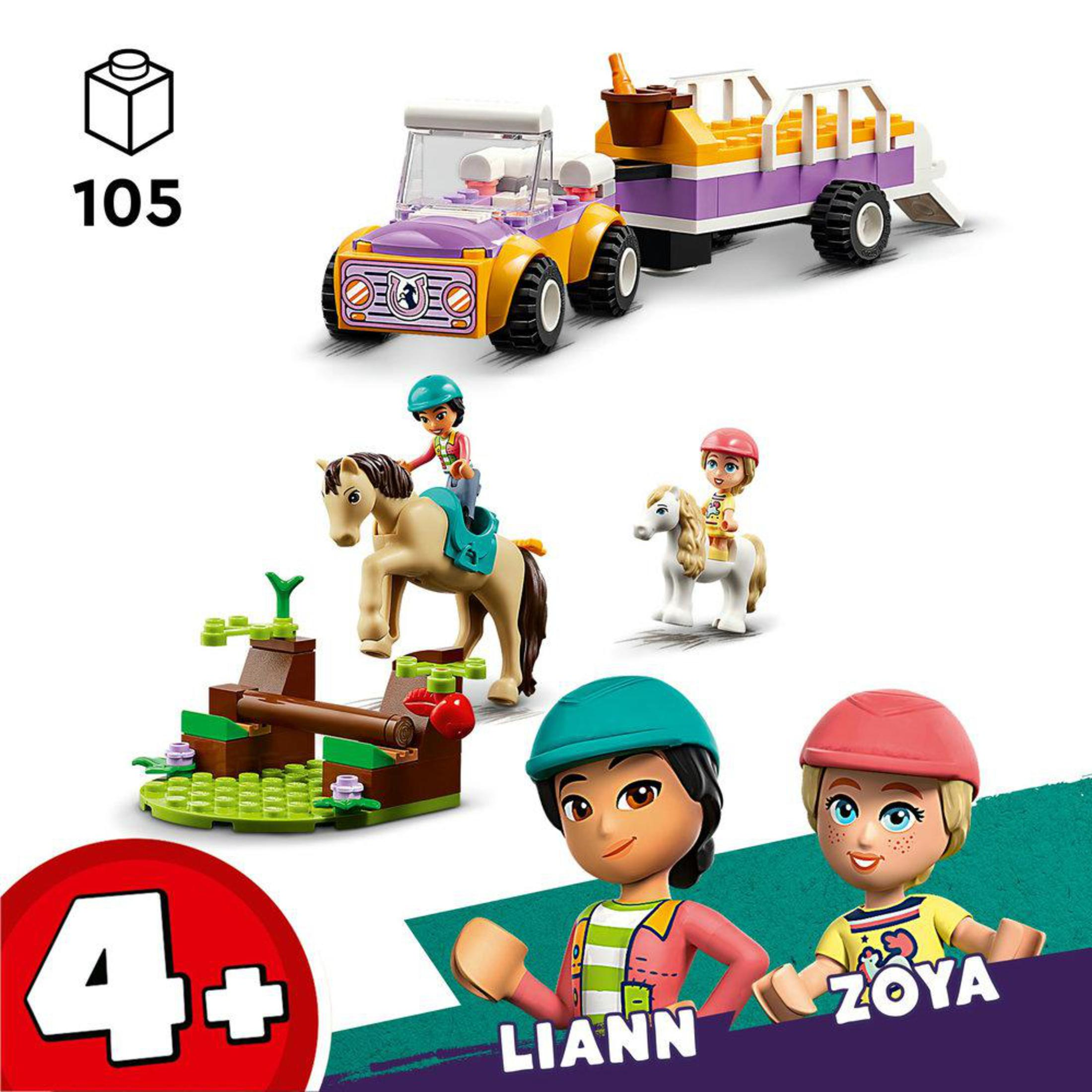 Araba, atlar ve 'Liann' ve 'Zoya' etiketli figürlerle Lego Friends seti.