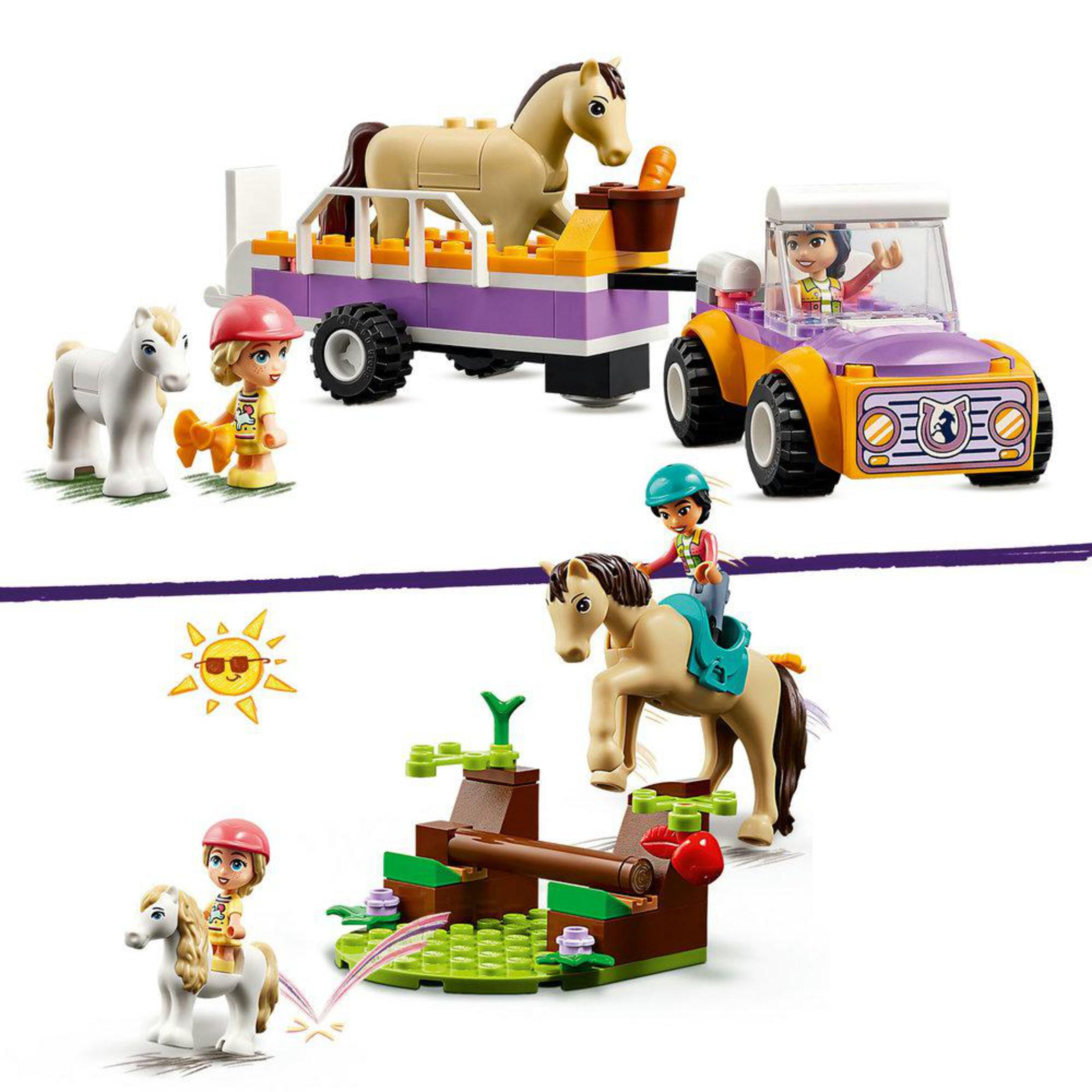 Atlar, bir araba ve figürler gösteren LEGO seti. Birkaç sahne dahil.