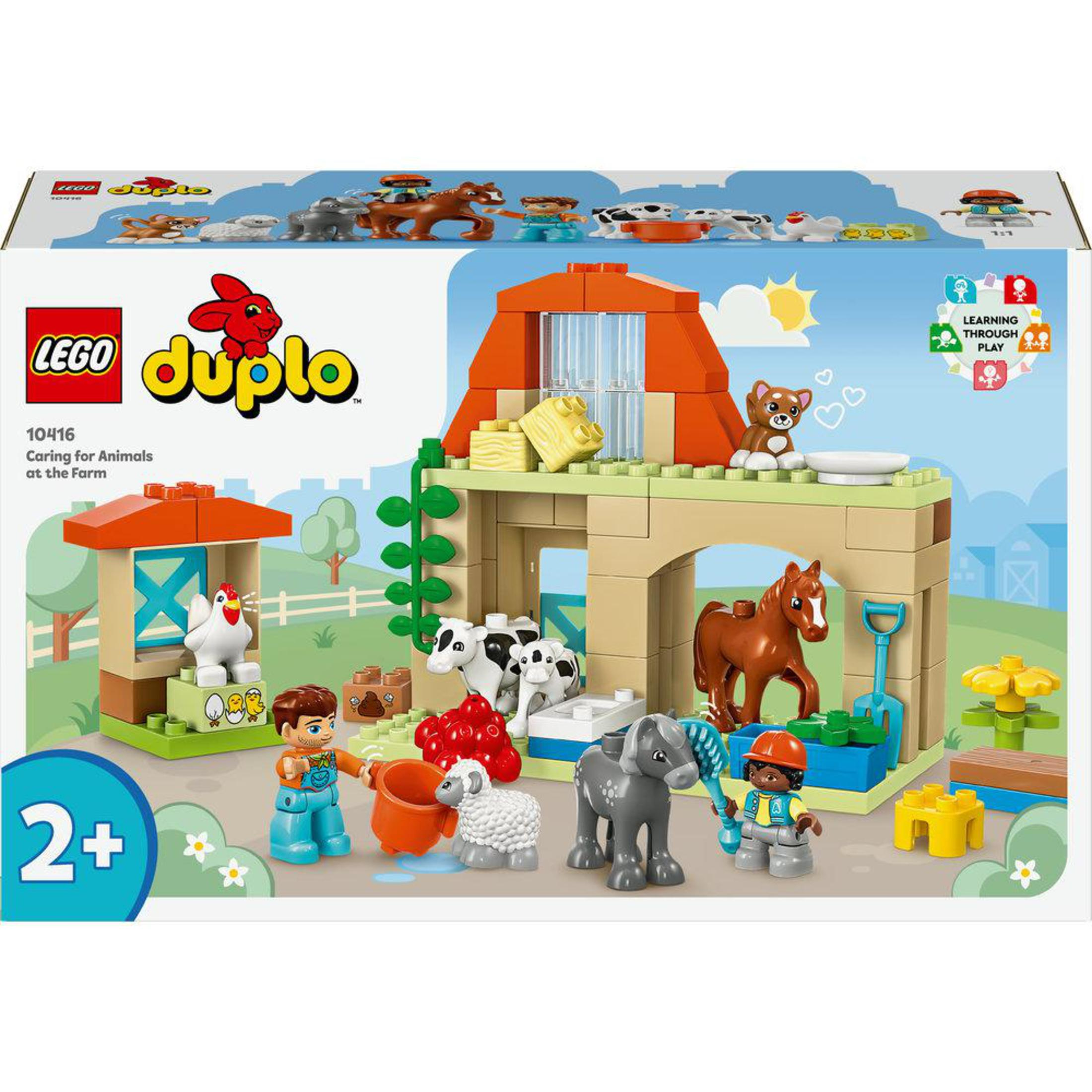 Zestaw LEGO Duplo ze zwierzętami gospodarskimi i figurkami. Kolorowa scena z farmy, w tym koń. Białe tło.