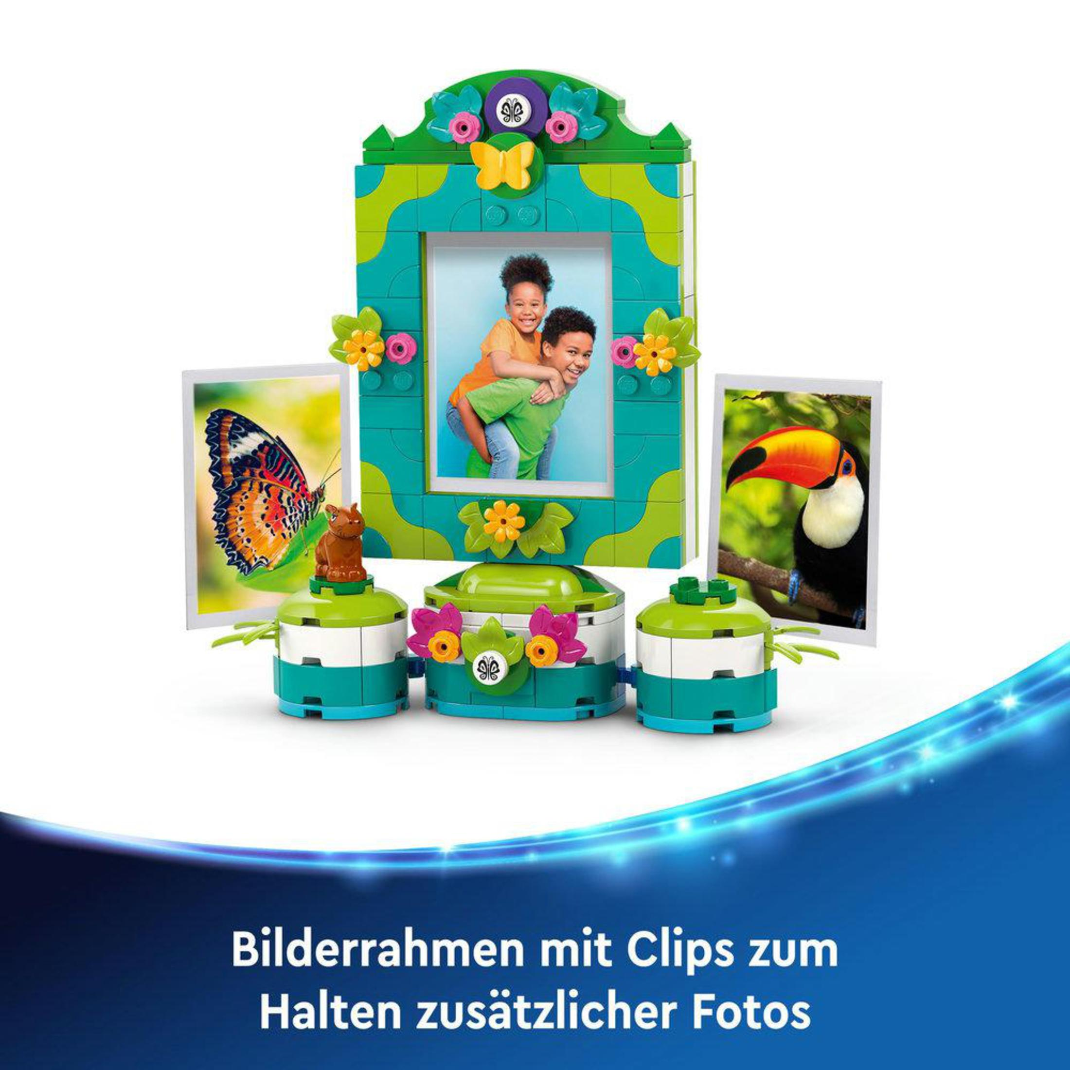 LEGO-Set mit Bildern und einem Rahmen. Enthält einen Fotorahmen und zusätzliche Fotohalter.