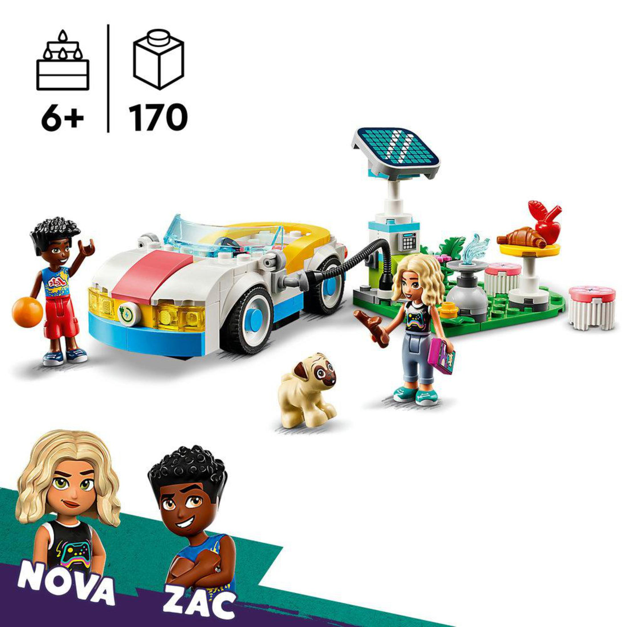 Lego set. Witte auto, figuren, hond, zonnepaneel, grill en accessoires. Twee figuren genaamd Nova en Zac.