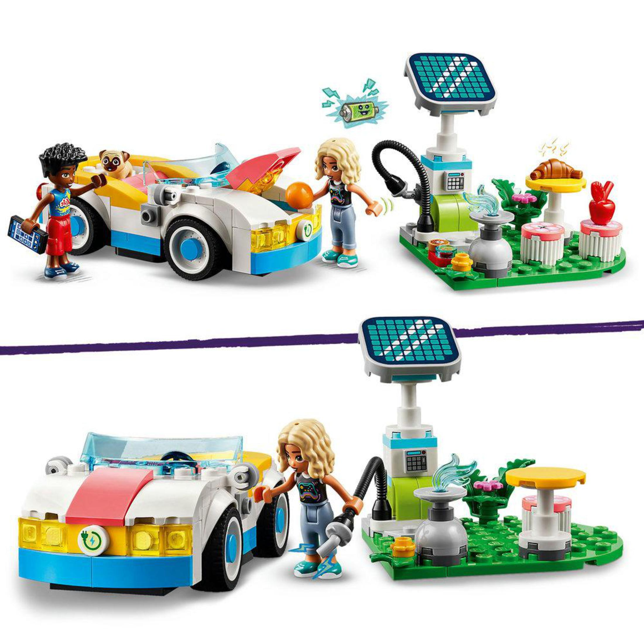 LEGO Friends set met auto, zonnepaneelstation en twee figuren. Twee scènes worden getoond.