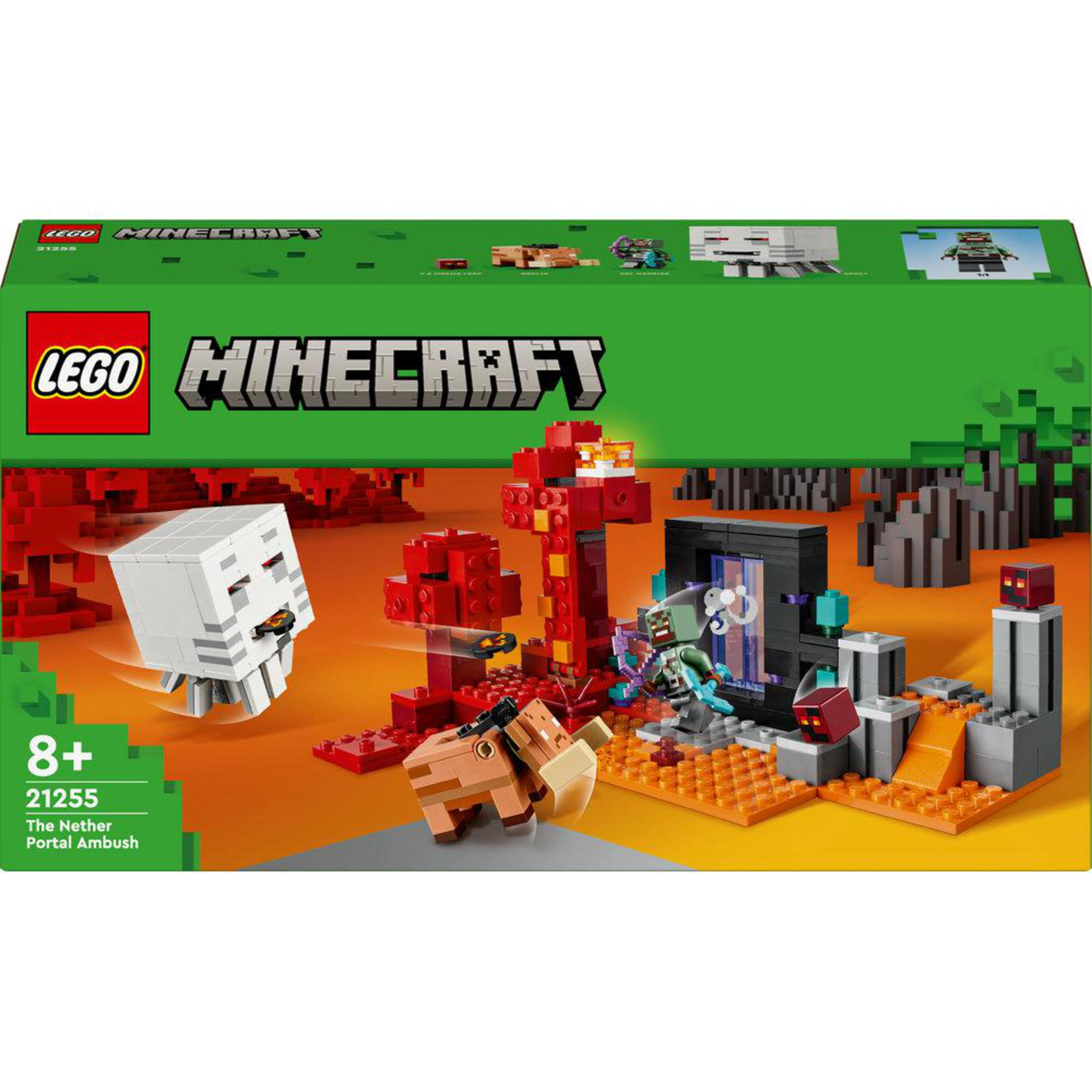 Lego Minecraft box set, scene with characters, lava, and portal.