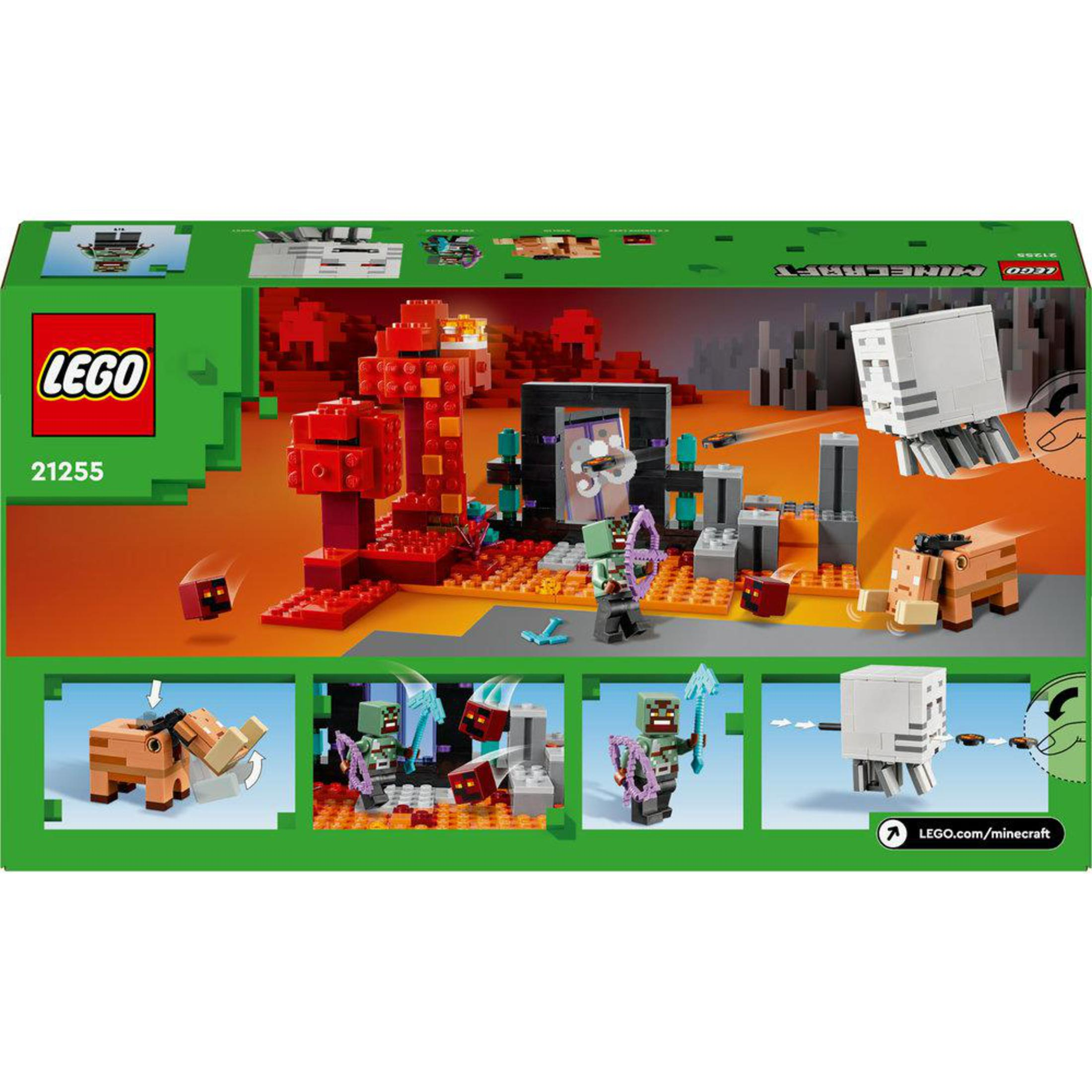 Back of Lego Minecraft box shows scene with characters, structures, and a logo.