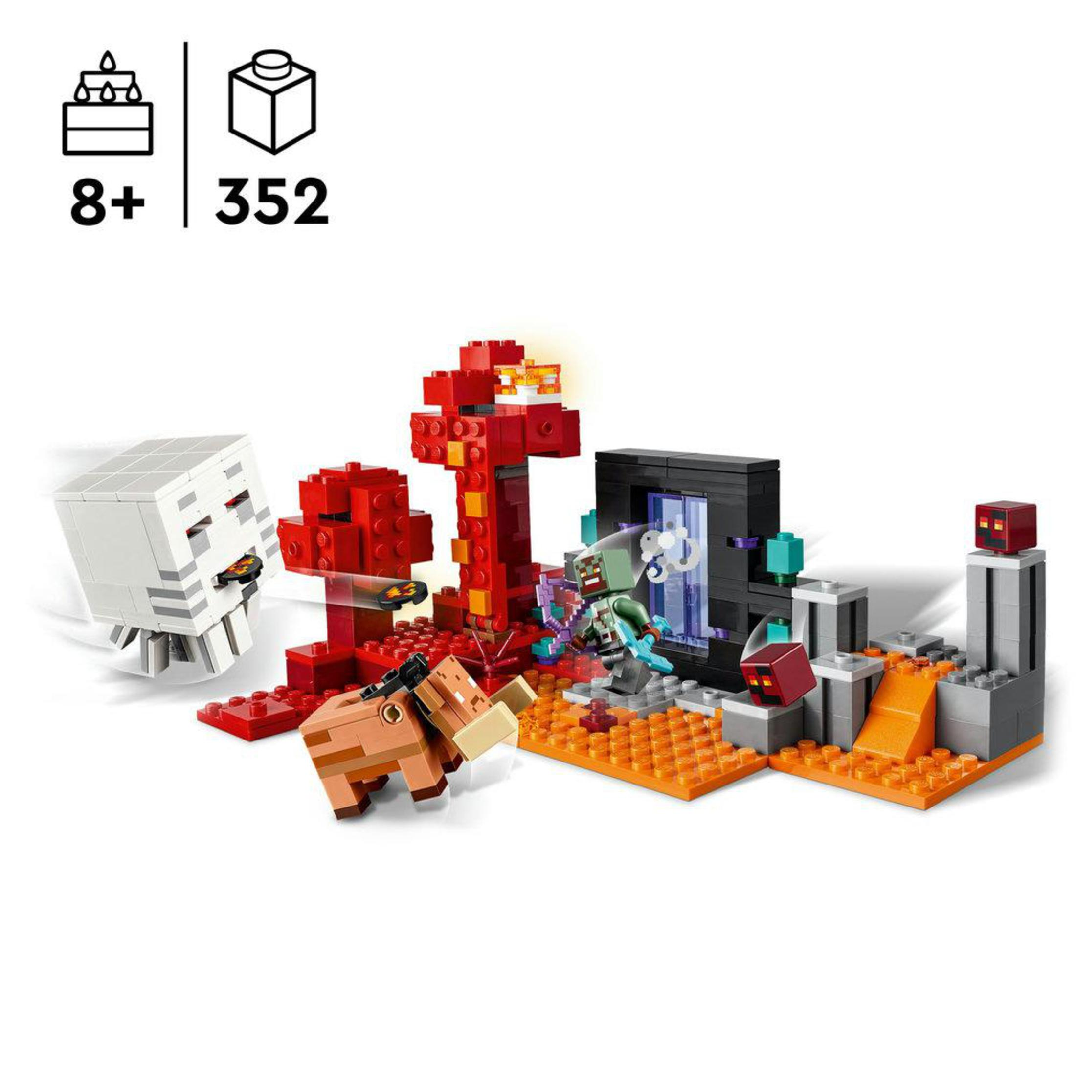 Lego Minecraft set with various figures and structures, red and gray colors, white background.