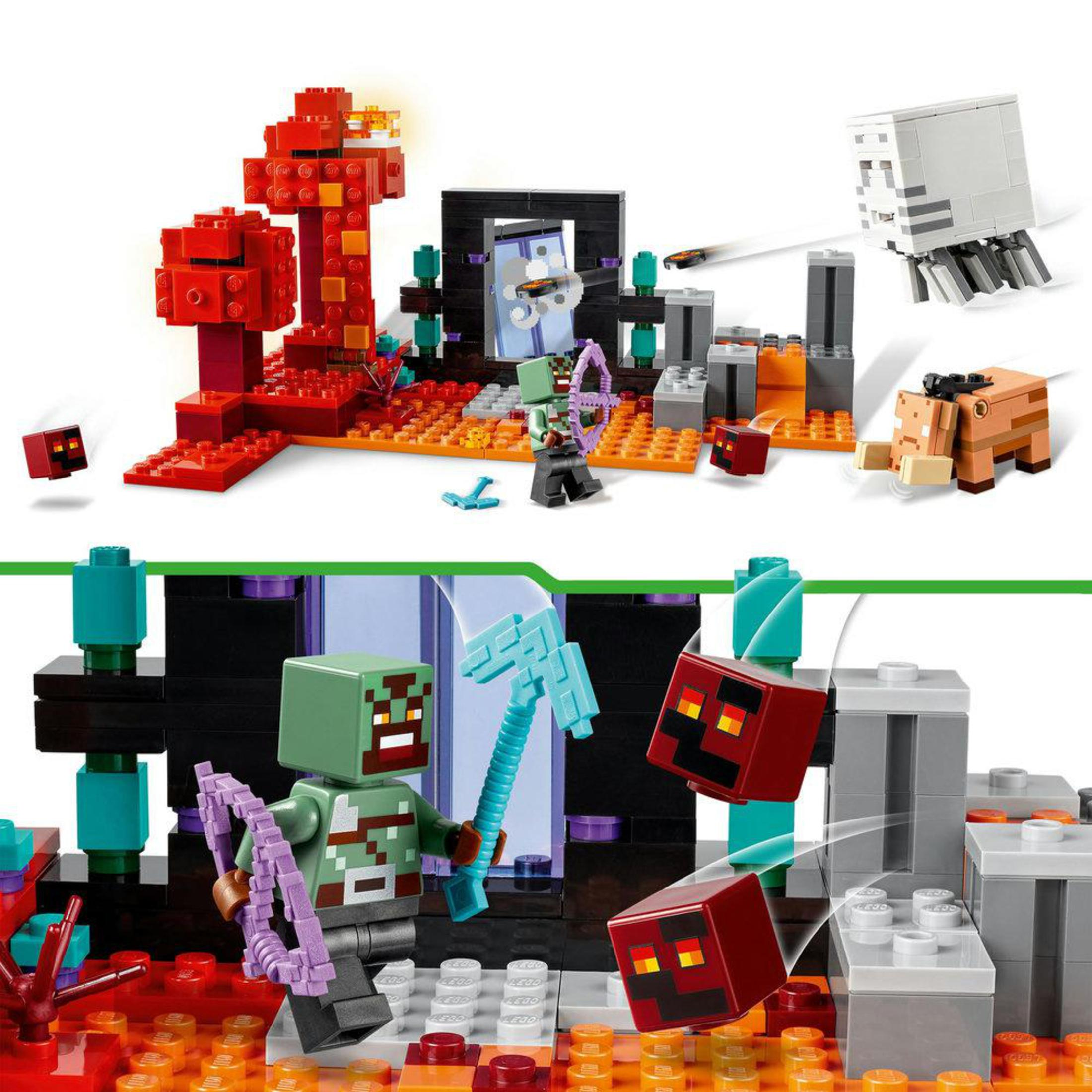 Minecraft Lego set. Figures, blocks, and monsters in a fiery environment.