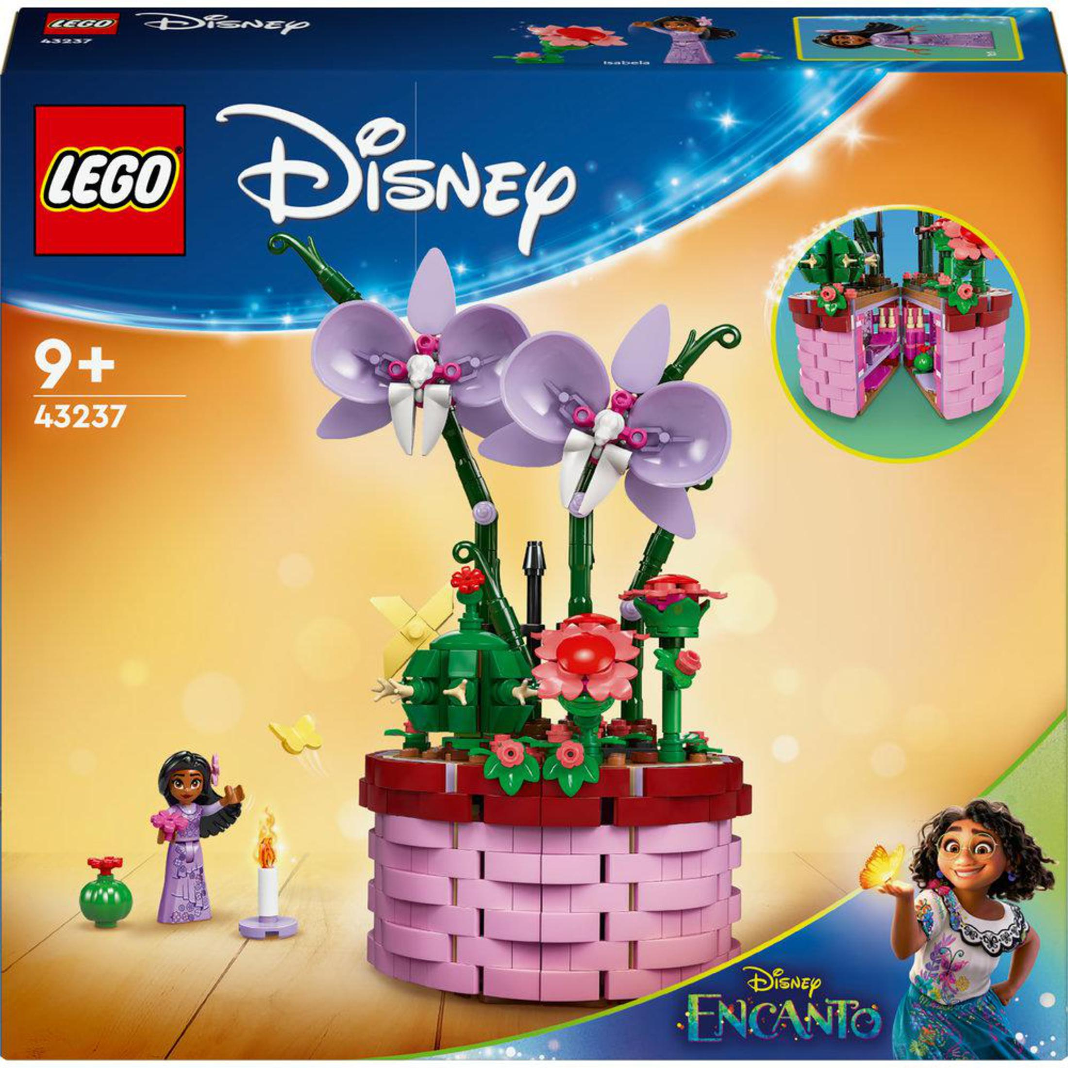 Scatola del set LEGO Disney Encanto con personaggi e un'esposizione floreale.